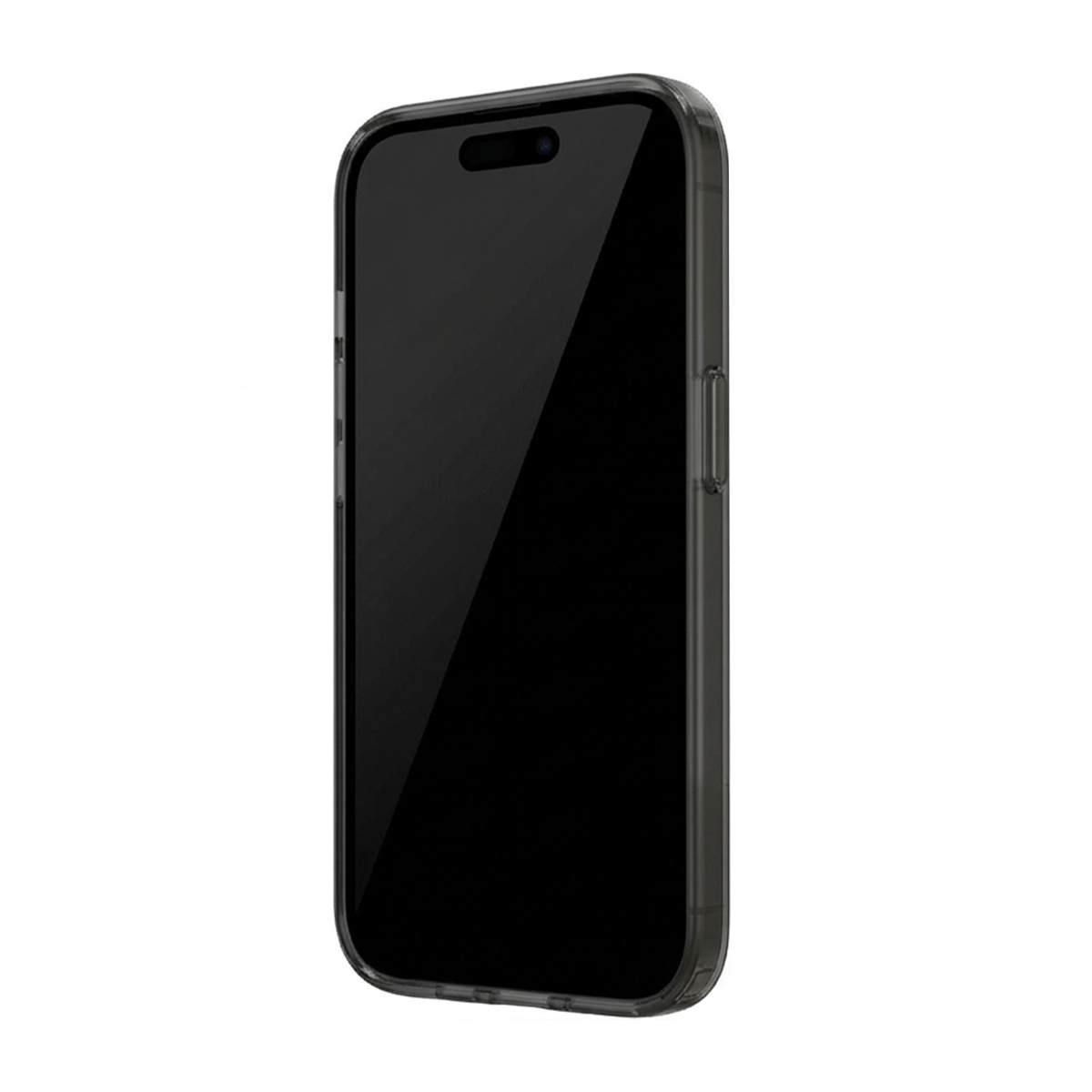 Un smartphone sombre avec un écran noir et un boîtier transparent.