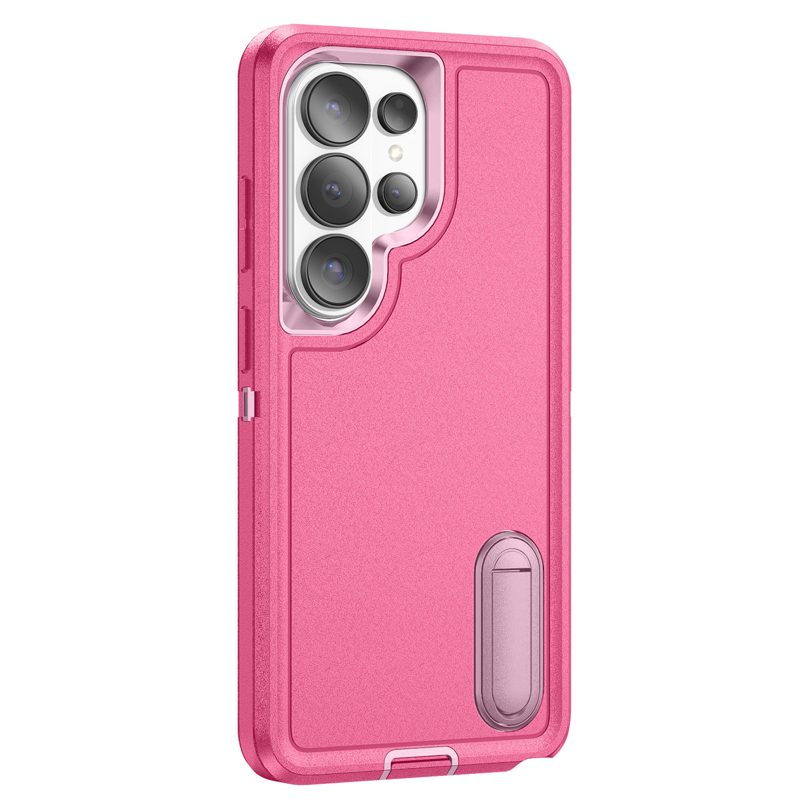 Coque de téléphone rose avec support intégré et découpe caméra.