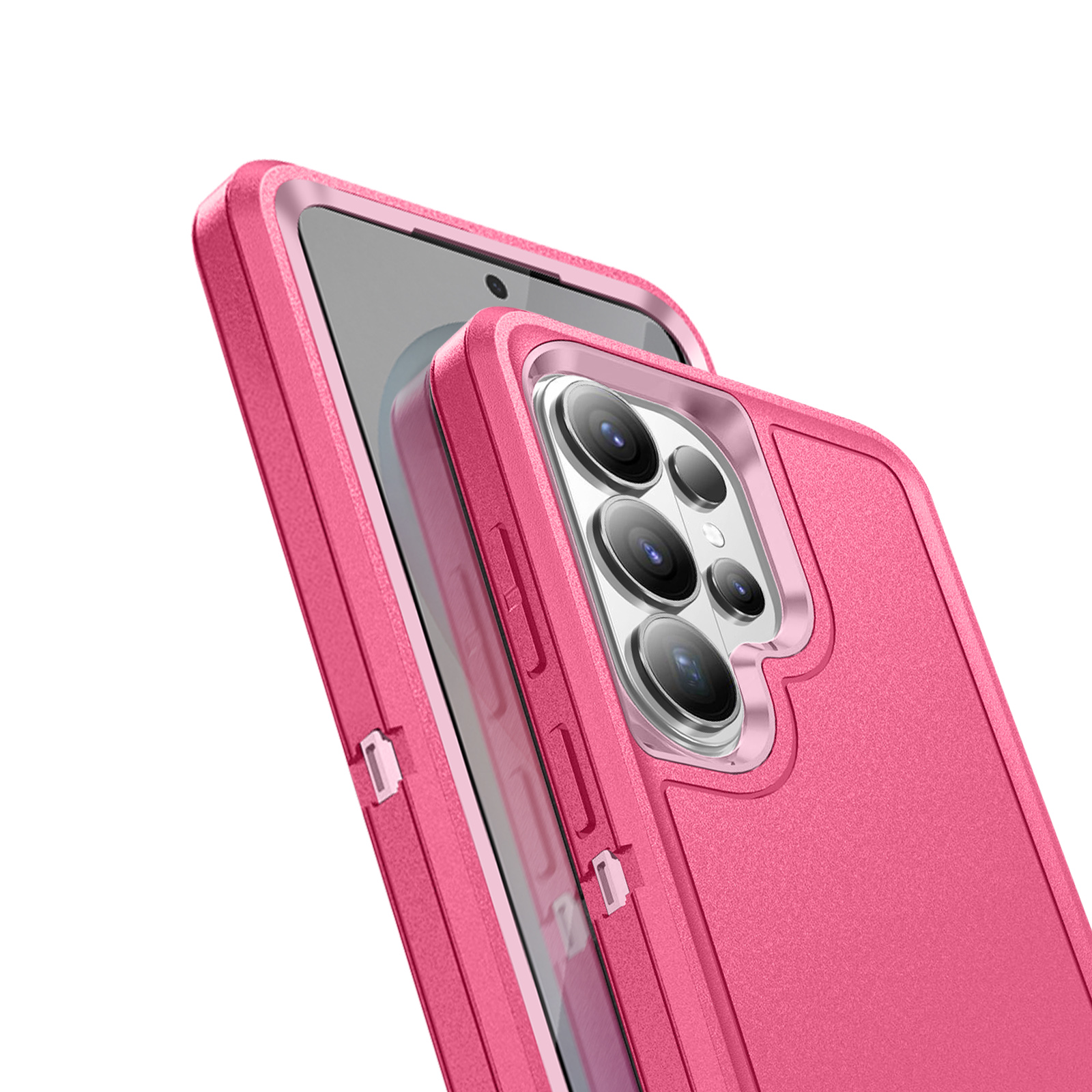 Coque de téléphone rose avec objectif de caméra sur fond blanc.