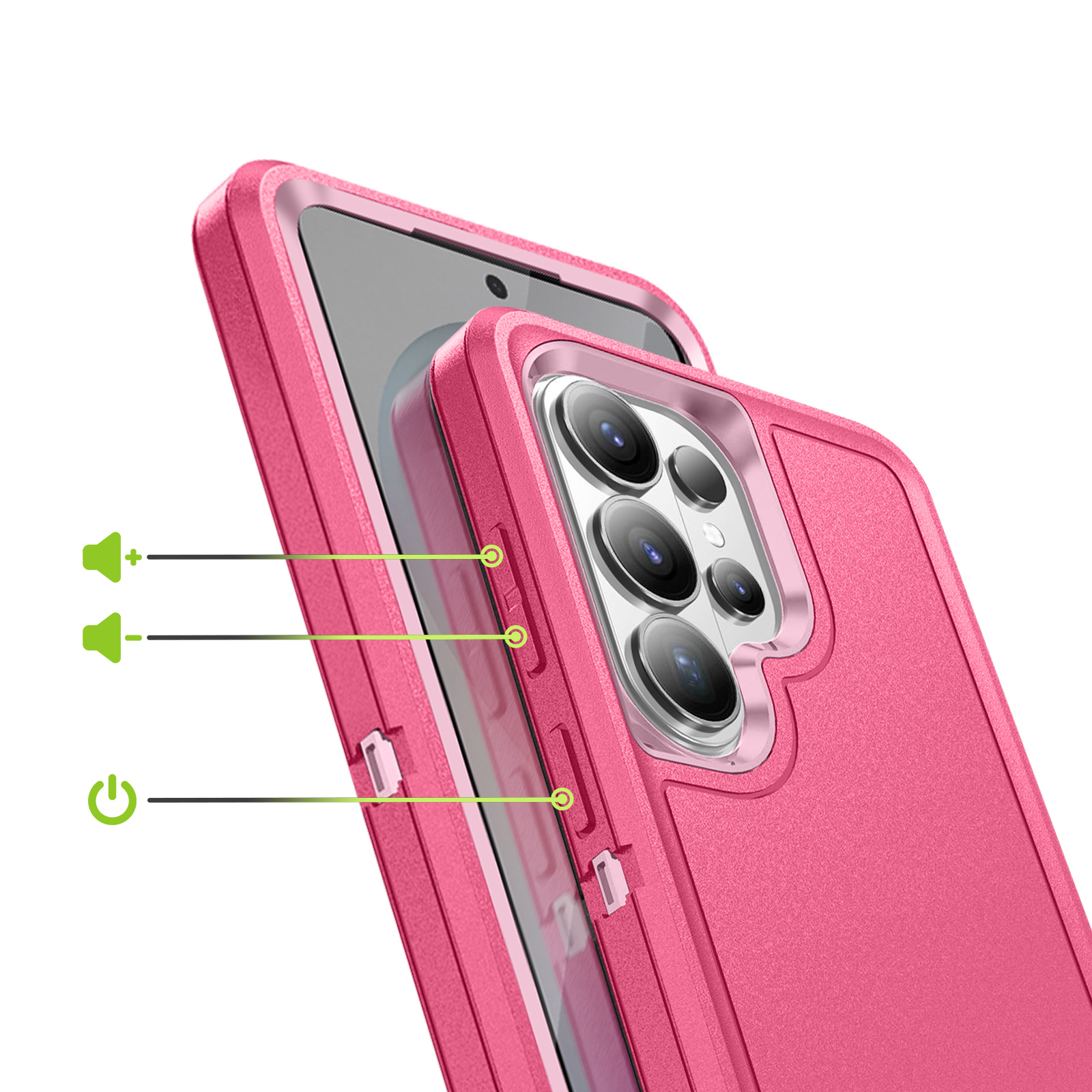 Gros plan d'une coque de téléphone rose montrant caméras et boutons.