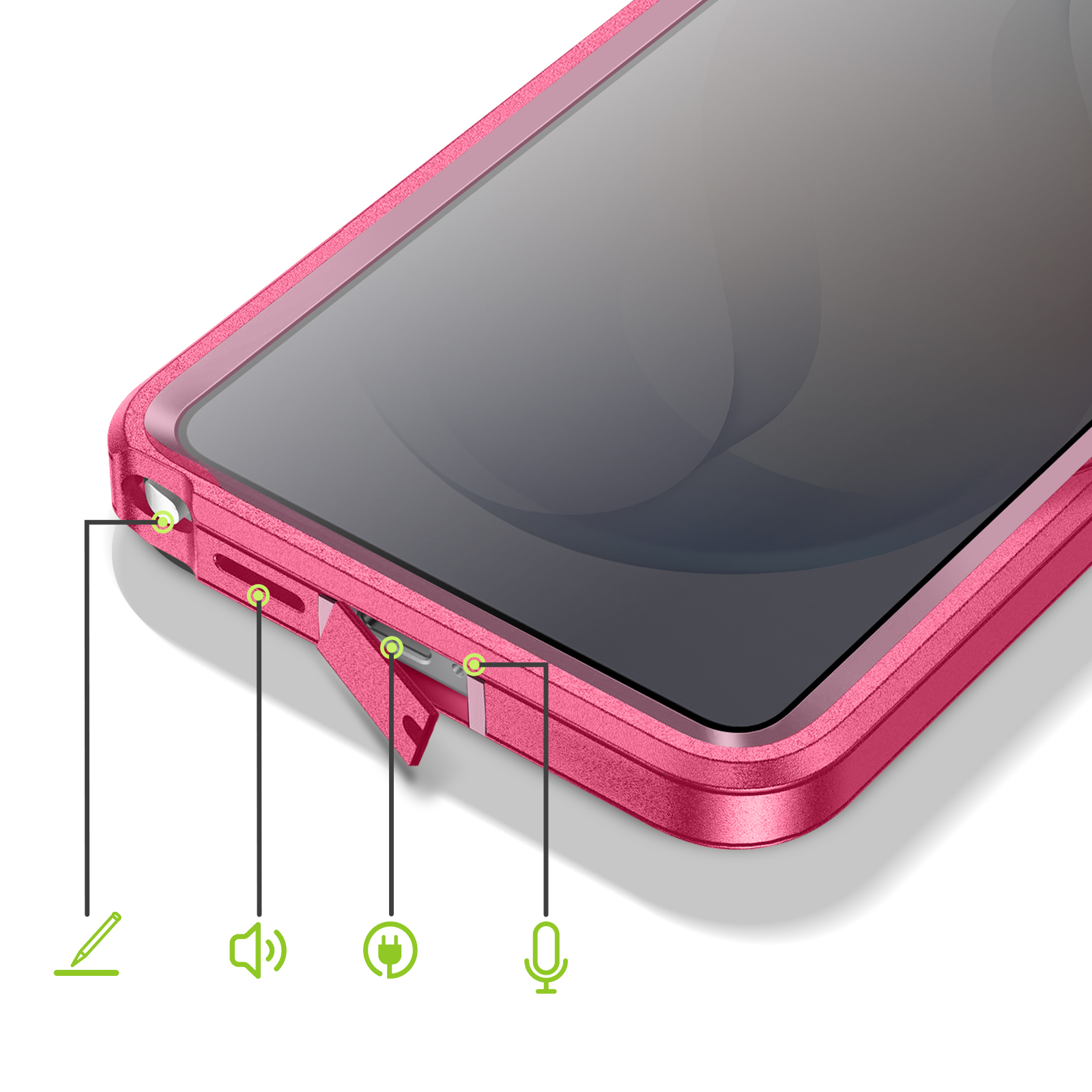 Coque de téléphone rose montrant les ports : stylet, volume, charge, micro.