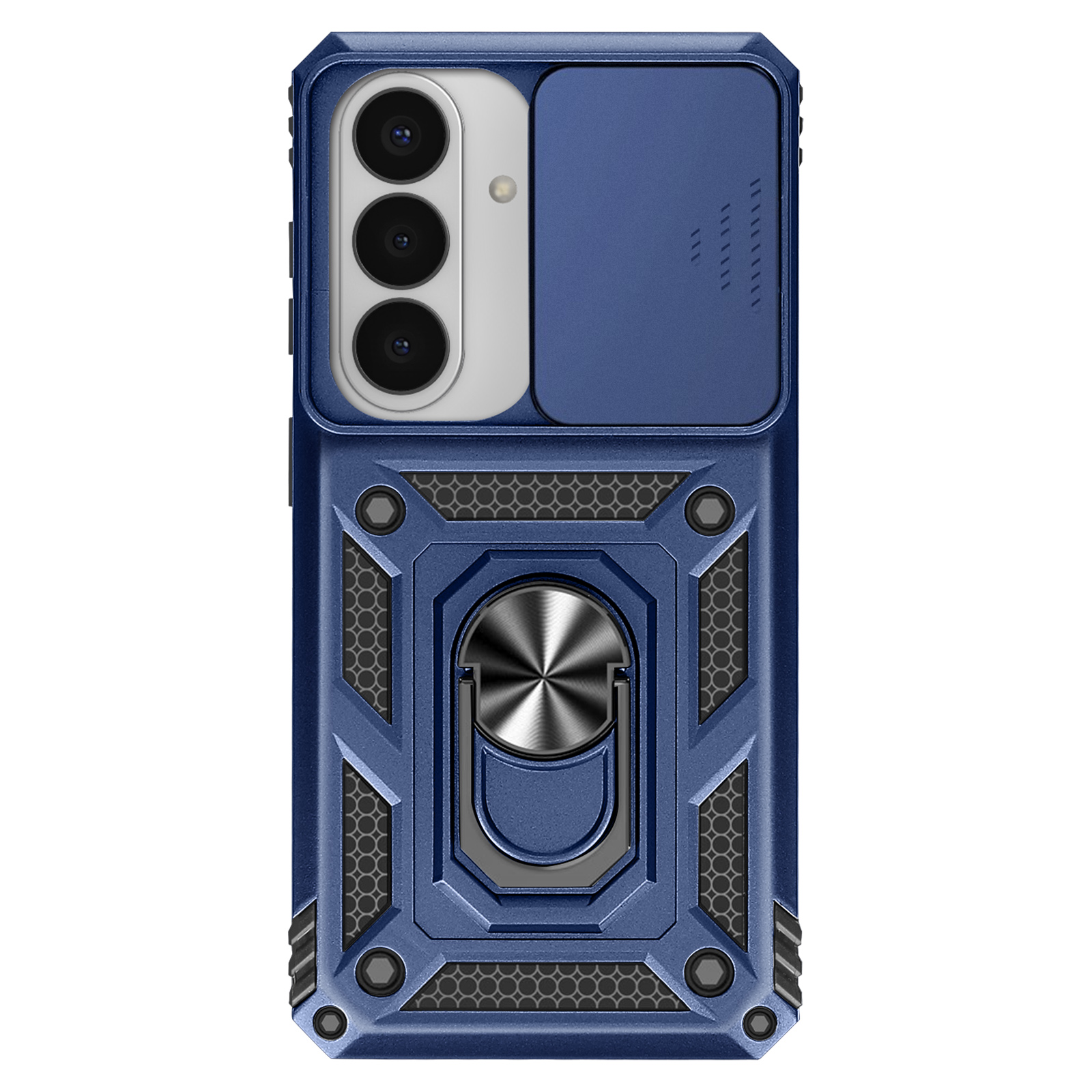 Coque de téléphone bleue avec caméras et support anneau.