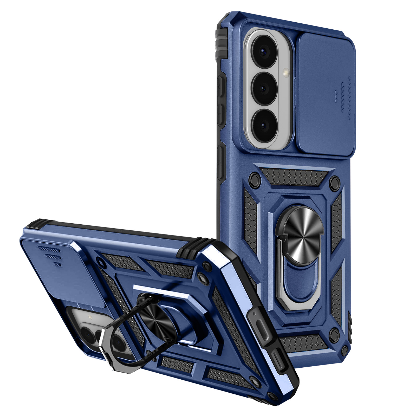 Deux coques de téléphone bleues avec cache-objectif et anneau sur fond blanc.