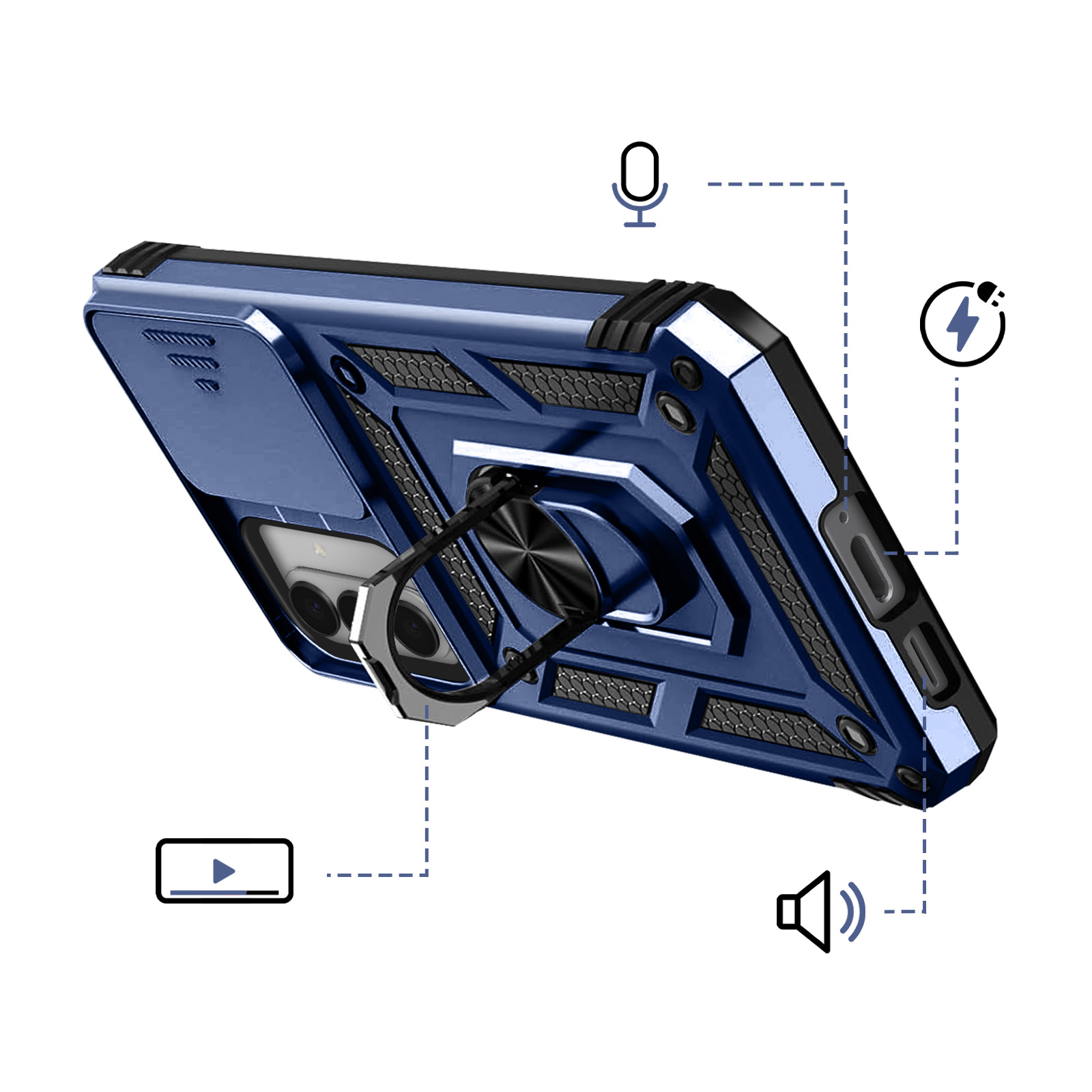 Coque de téléphone bleu foncé avec support anneau et cache-objectif. Icônes micro, flash, haut-parleur.