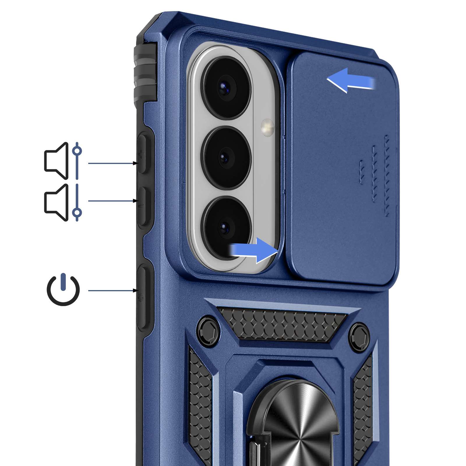 Une coque de téléphone bleue avec trois caméras, un cache-objectif coulissant et boutons.