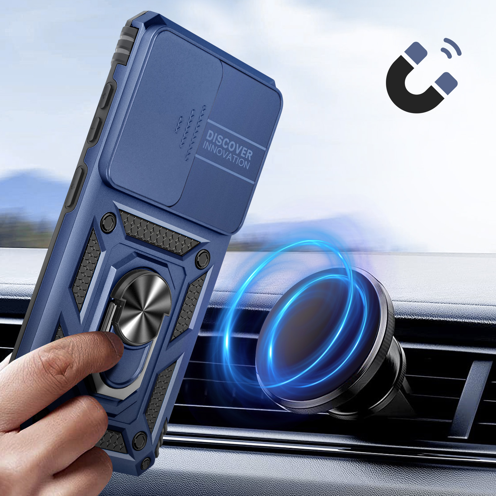 Coque de téléphone bleue avec cache caméra et support anneau, sur support de ventilation voiture.