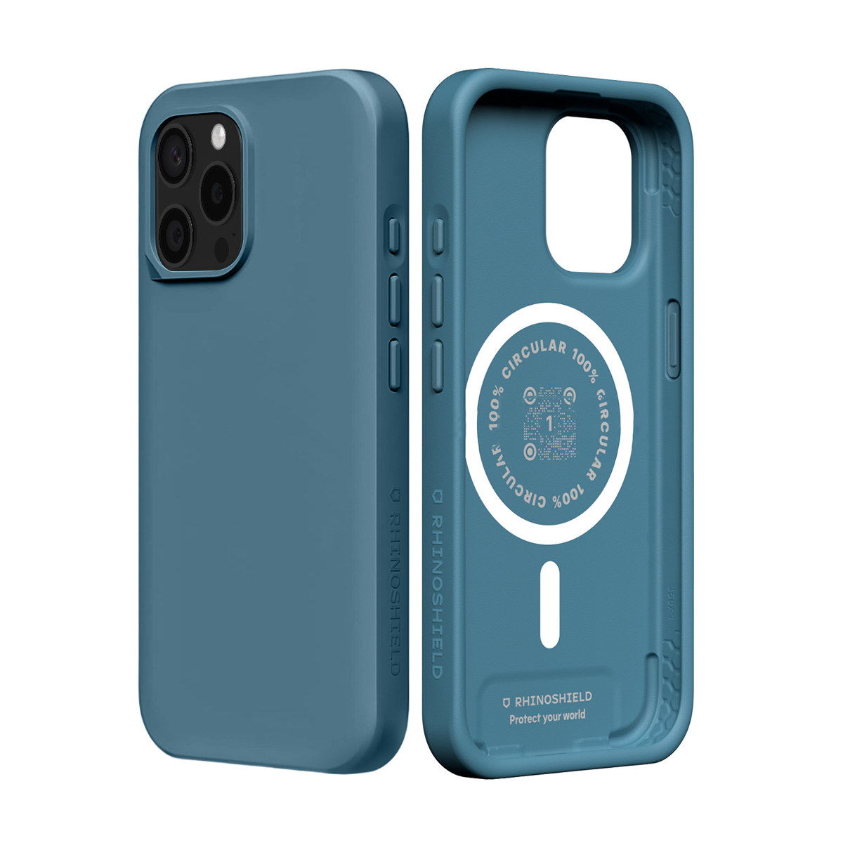 Deux coques de téléphone bleues. L'une montre l'extérieur avec découpes pour appareil photo ; l'autre l'intérieur.