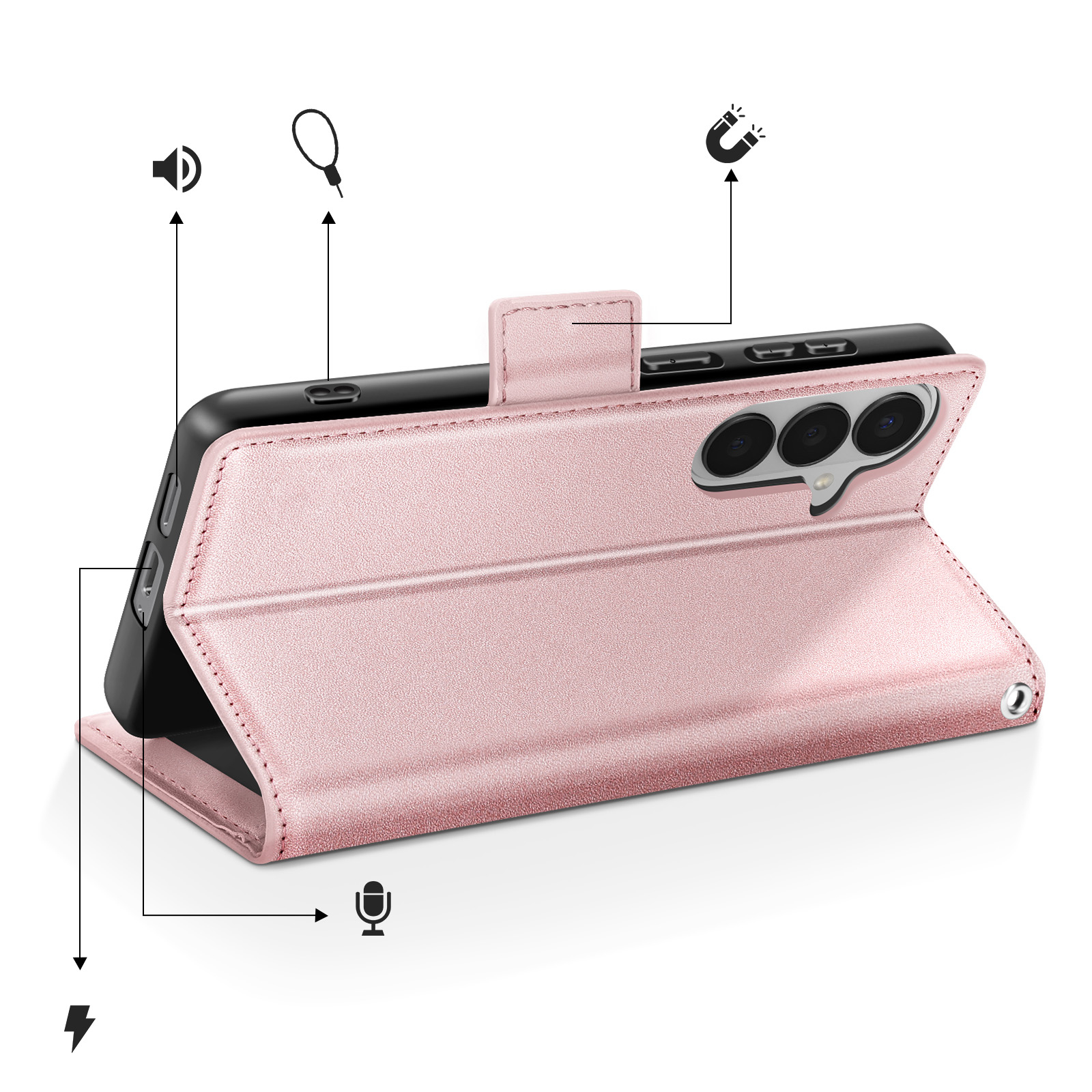 Ein rosafarbenes Handycover mit Symbolen für Lautsprecher, Lanyard, Magnet und Mikrofon.