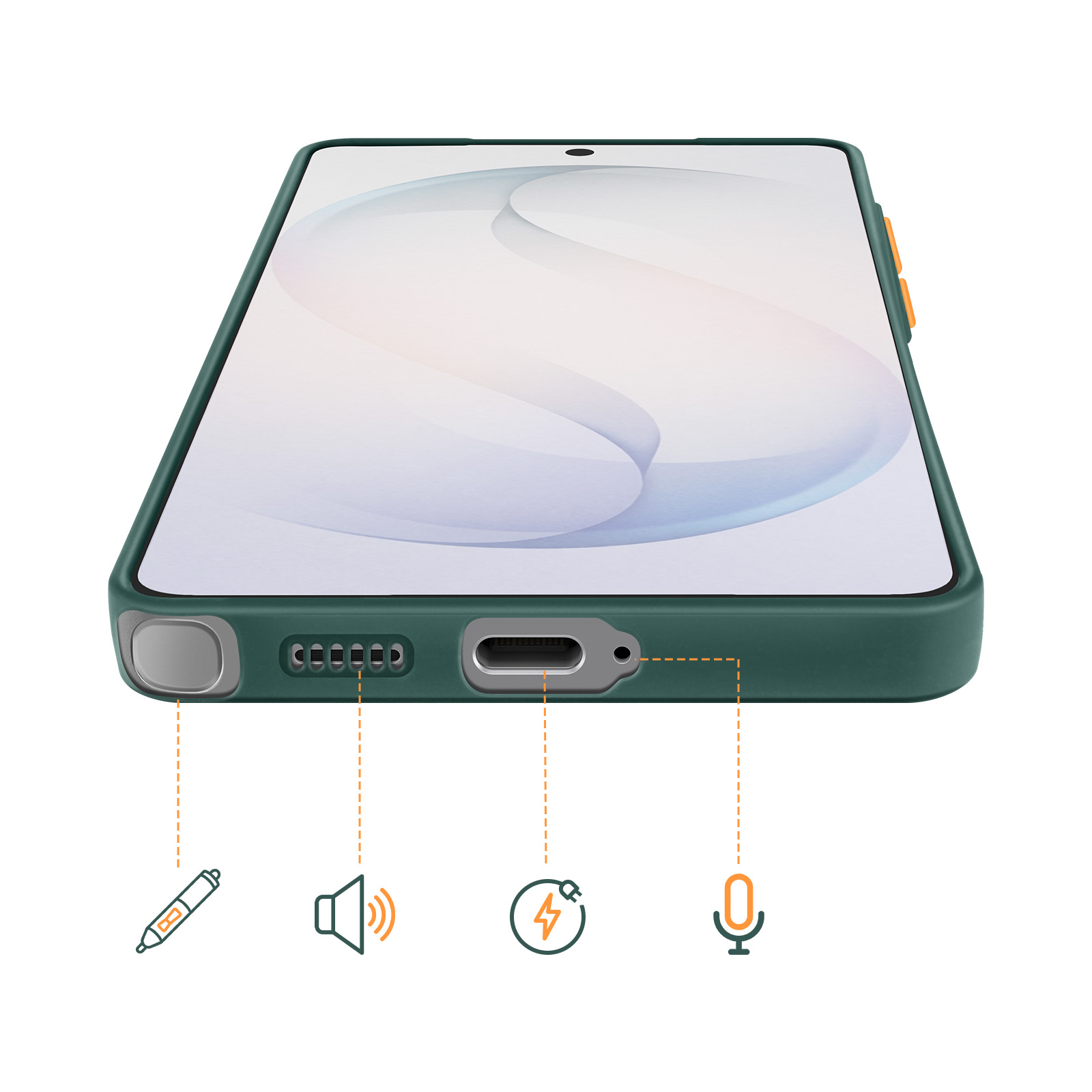 Donkergroene telefoonhoes met poorten en pictogrammen: stylus, luidspreker, opladen, microfoon.