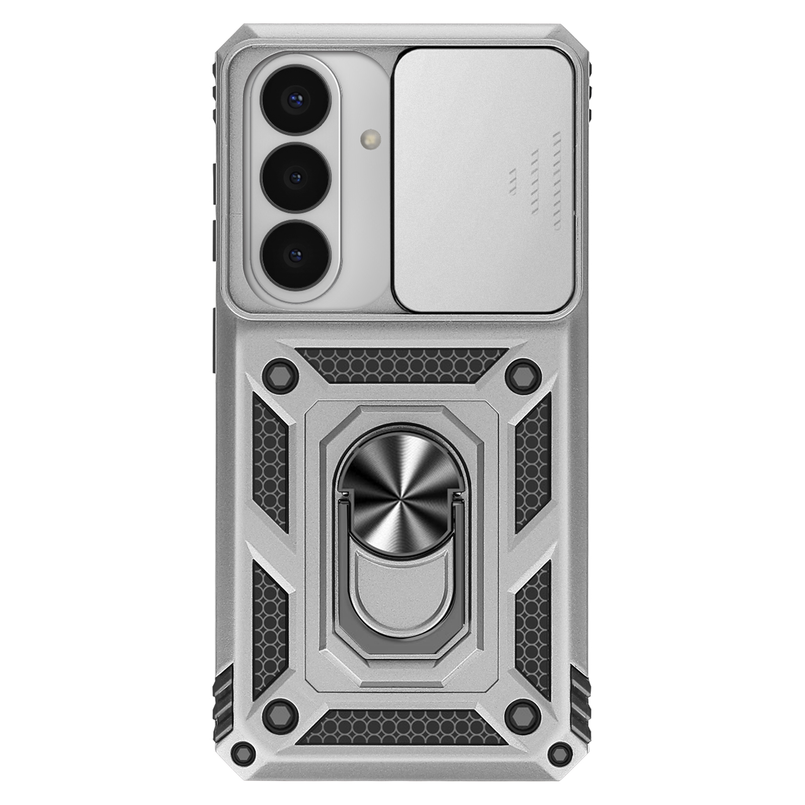 Coque de téléphone argentée avec triple appareil photo, cache coulissant et support.