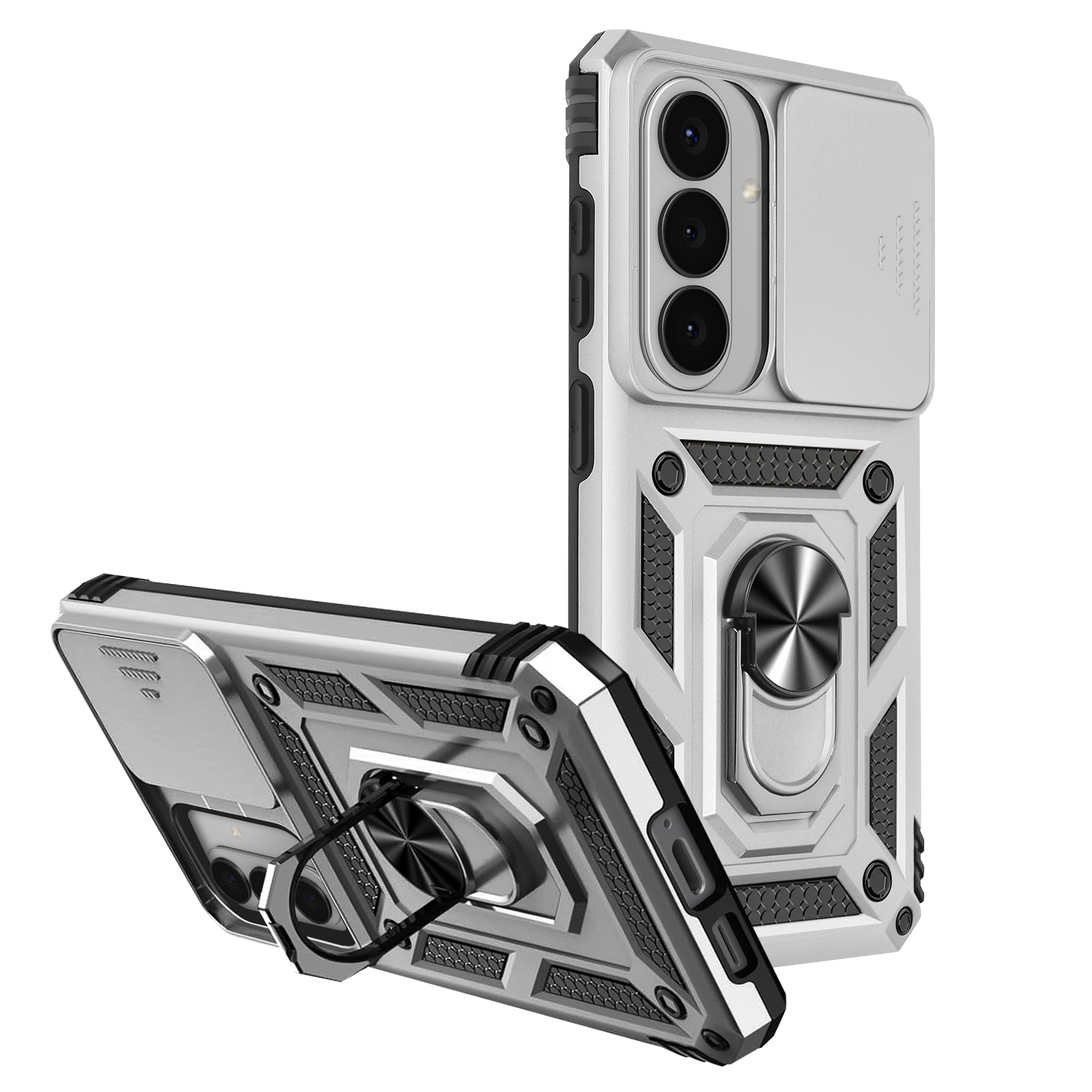 Deux coques de téléphone argentées avec support bague et cache-objectif sur fond blanc.