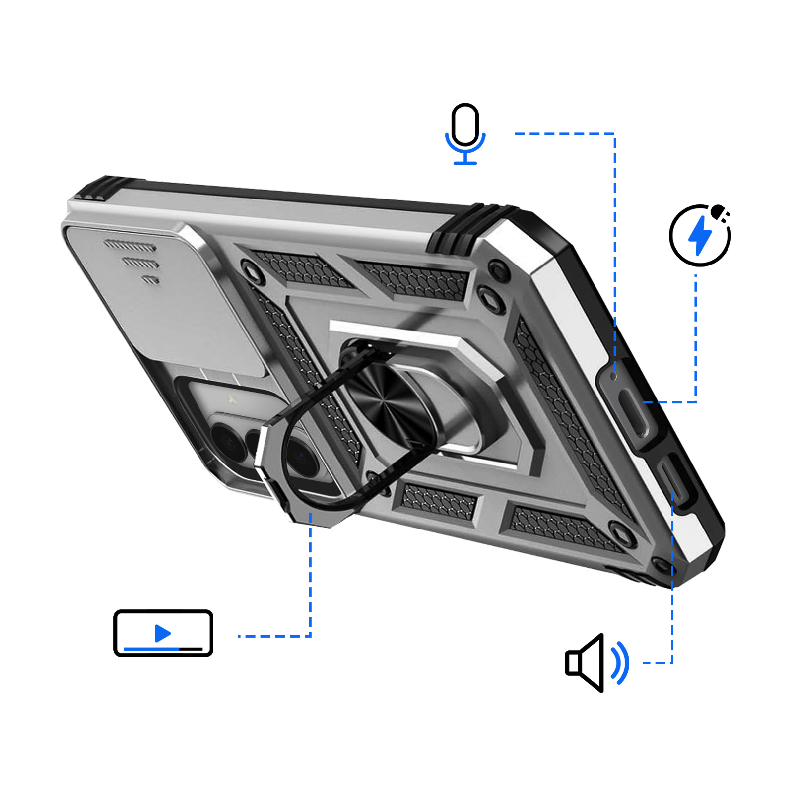 Coque de téléphone robuste avec support anneau, cache-objectif et icônes micro, batterie, vidéo, haut-parleur.