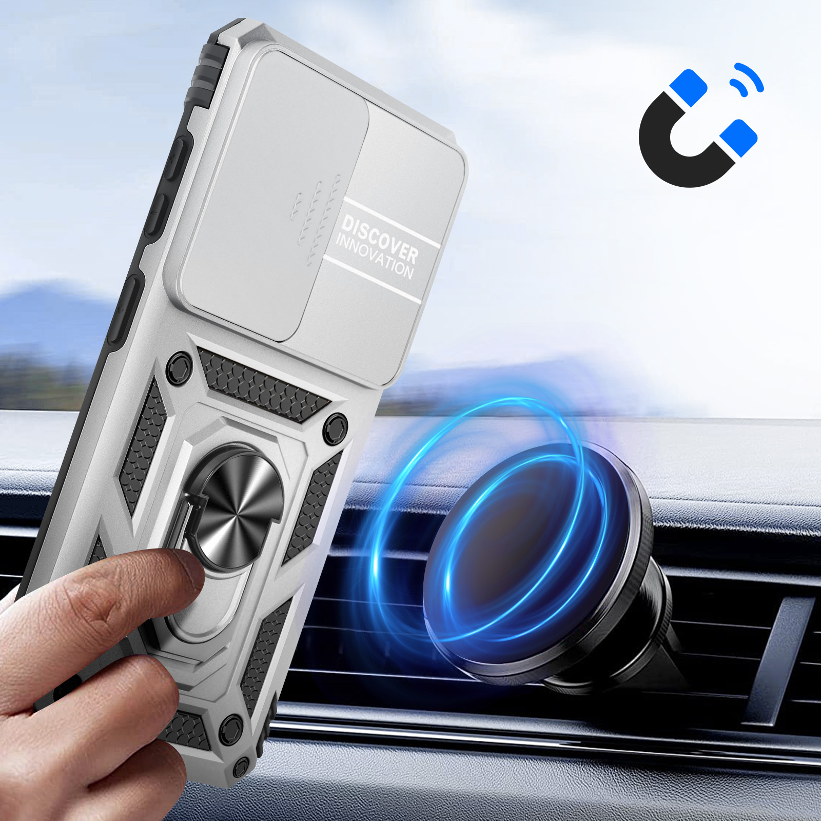 Une coque de téléphone argentée avec support bague et cache coulissant pour appareil photo est affichée.