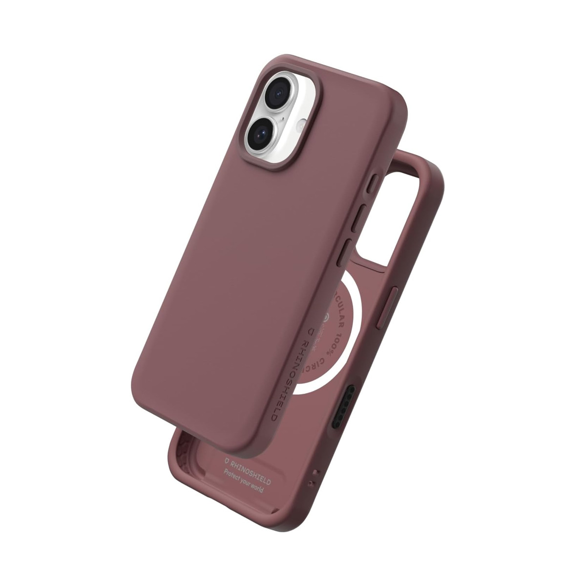 Une coque de téléphone mauve repose sur une autre coque montrant la découpe caméra.