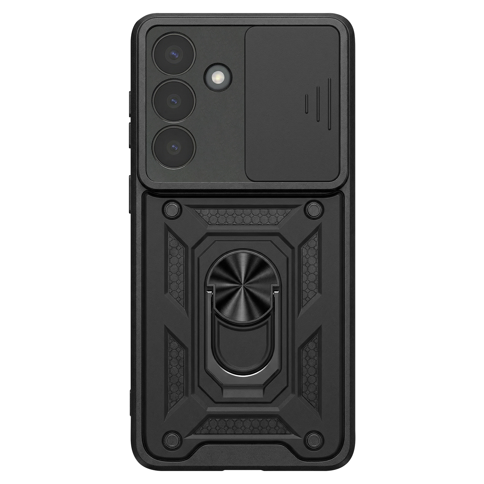 Coque de téléphone noire avec trois caméras, flash et cache coulissant. Anneau.