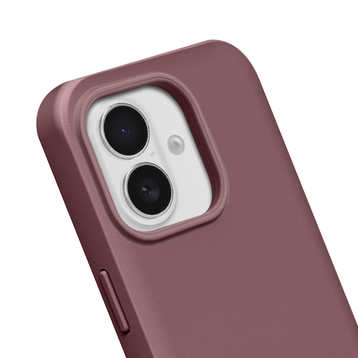Gros plan d'une coque de téléphone rose montrant un double module caméra.