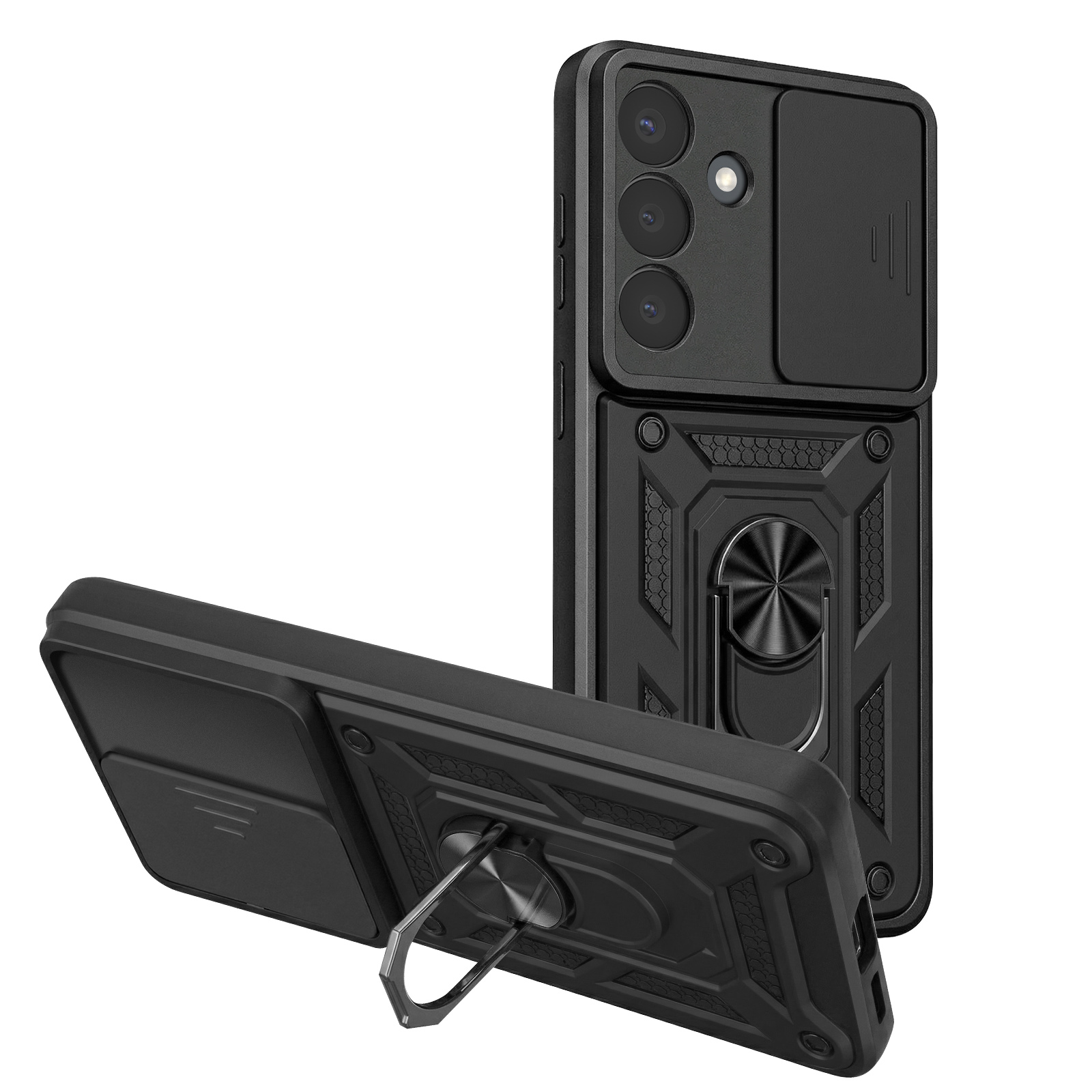 Coque de téléphone noire avec cache-objectif et support bague.