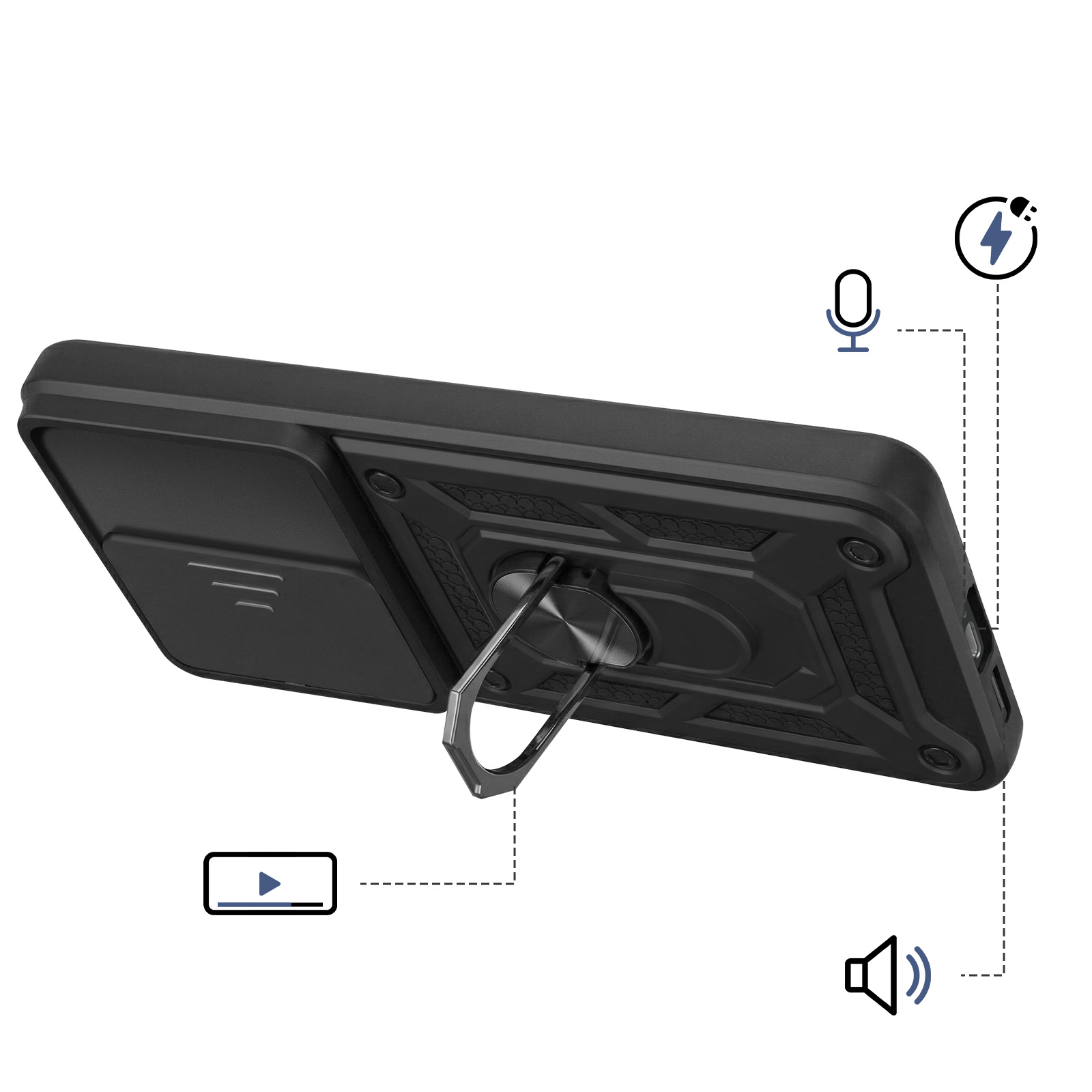 Coque de téléphone noire avec support anneau, icônes micro, charge et haut-parleur.