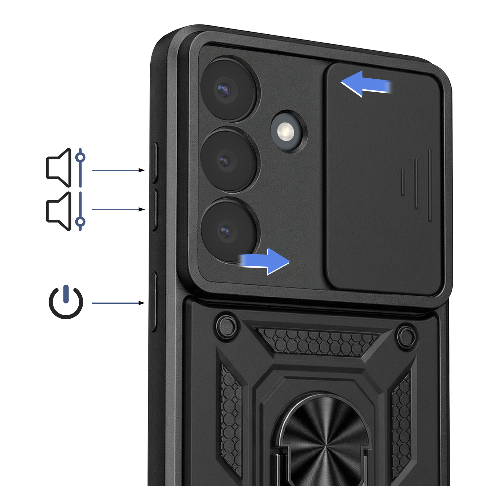 Une coque de téléphone noire avec cache d'objectif photo, béquille anneau, boutons de volume et d'alimentation indiqués par des flèches.
