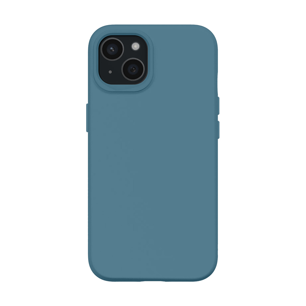 Blauw telefoonhoesje achterkant met camera-uitsparing, witte achtergrond.
