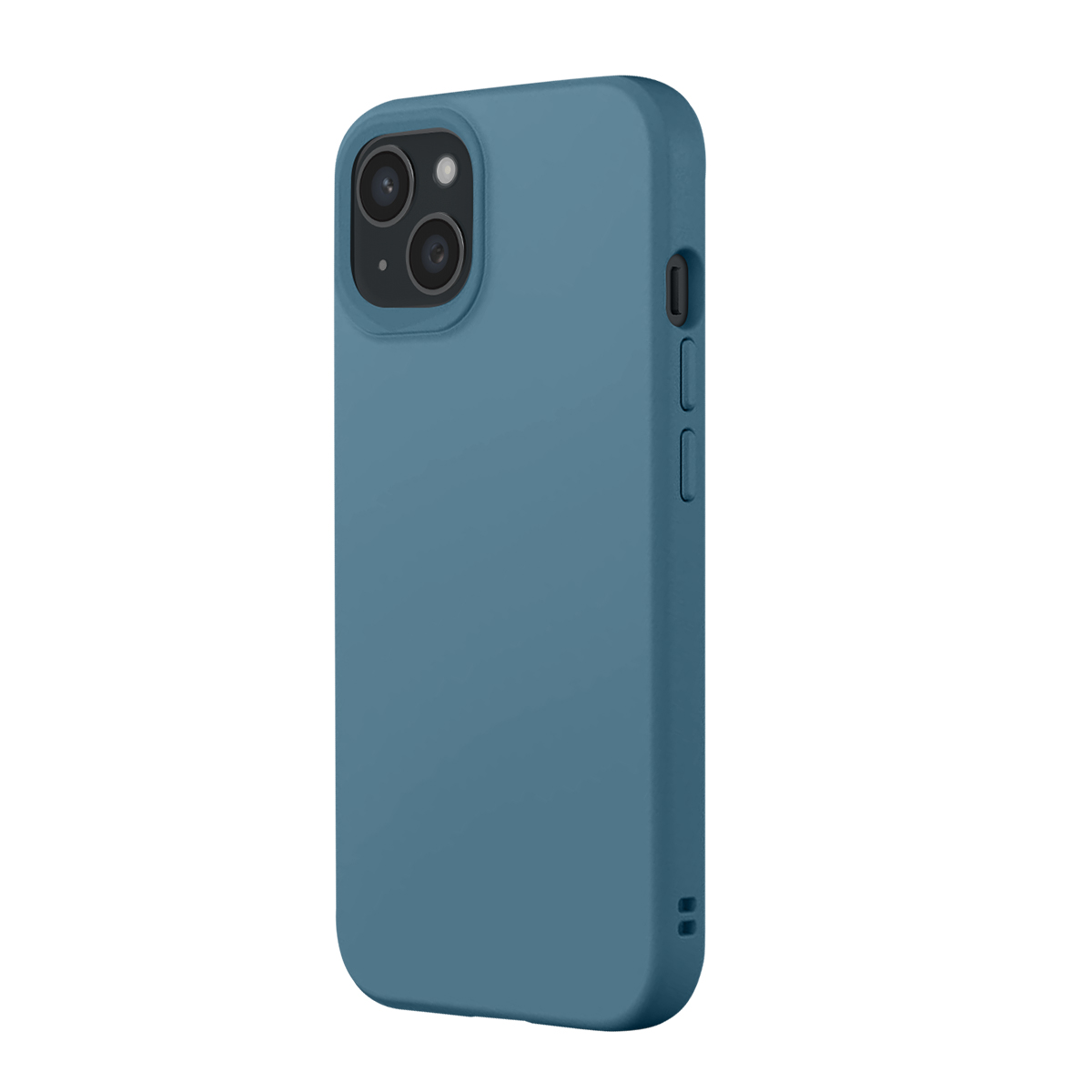 Een blauwe telefoonhoes met camera-uitsparing en zijknopjes, geïsoleerd op wit.