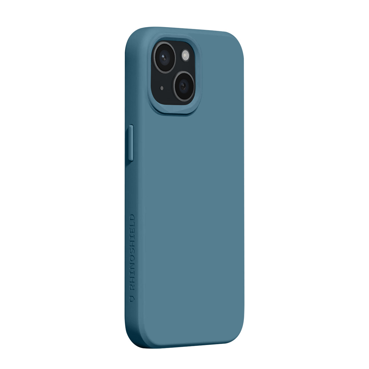 Een blauwe telefoonhoes met camera-uitsparing en logo.
