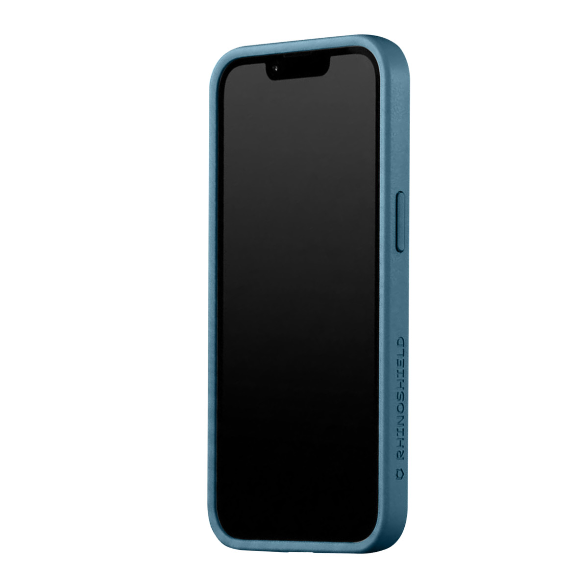 Een blauwe telefoon met een blauwe hoes, met het RHINOSHIELD-logo aan de rechterkant.