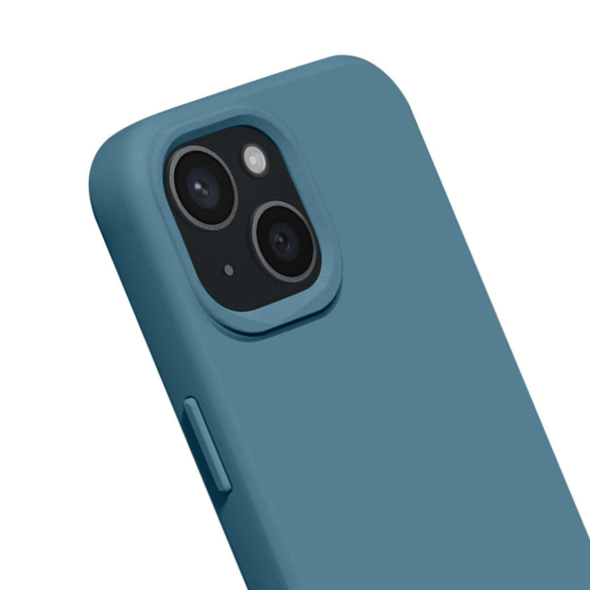 Blauw telefoonhoesje met dubbel camerasysteem, close-up.