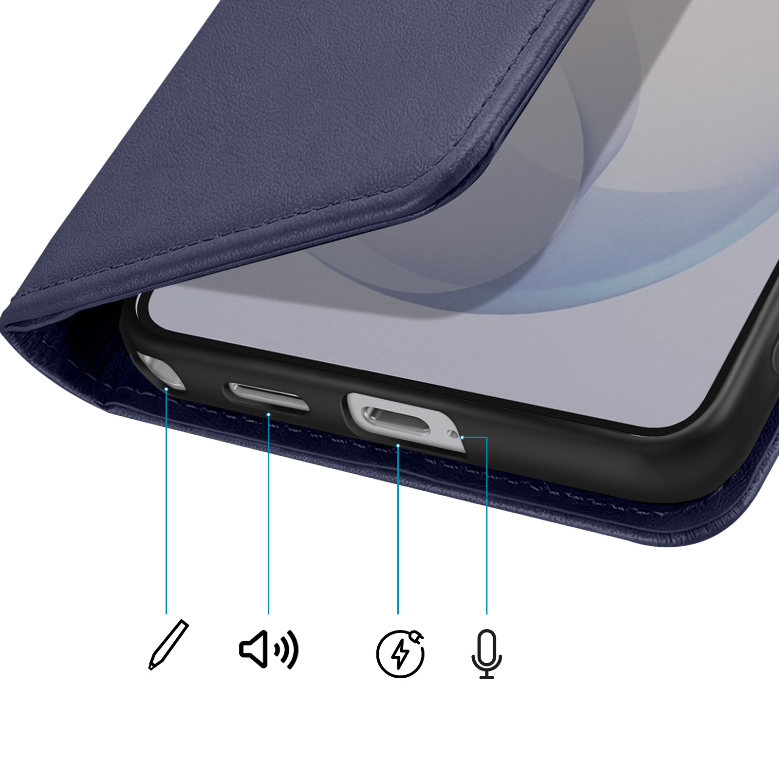 Nahaufnahme eines blauen Handycovers mit freigelegten Anschlüssen und Symbolen.