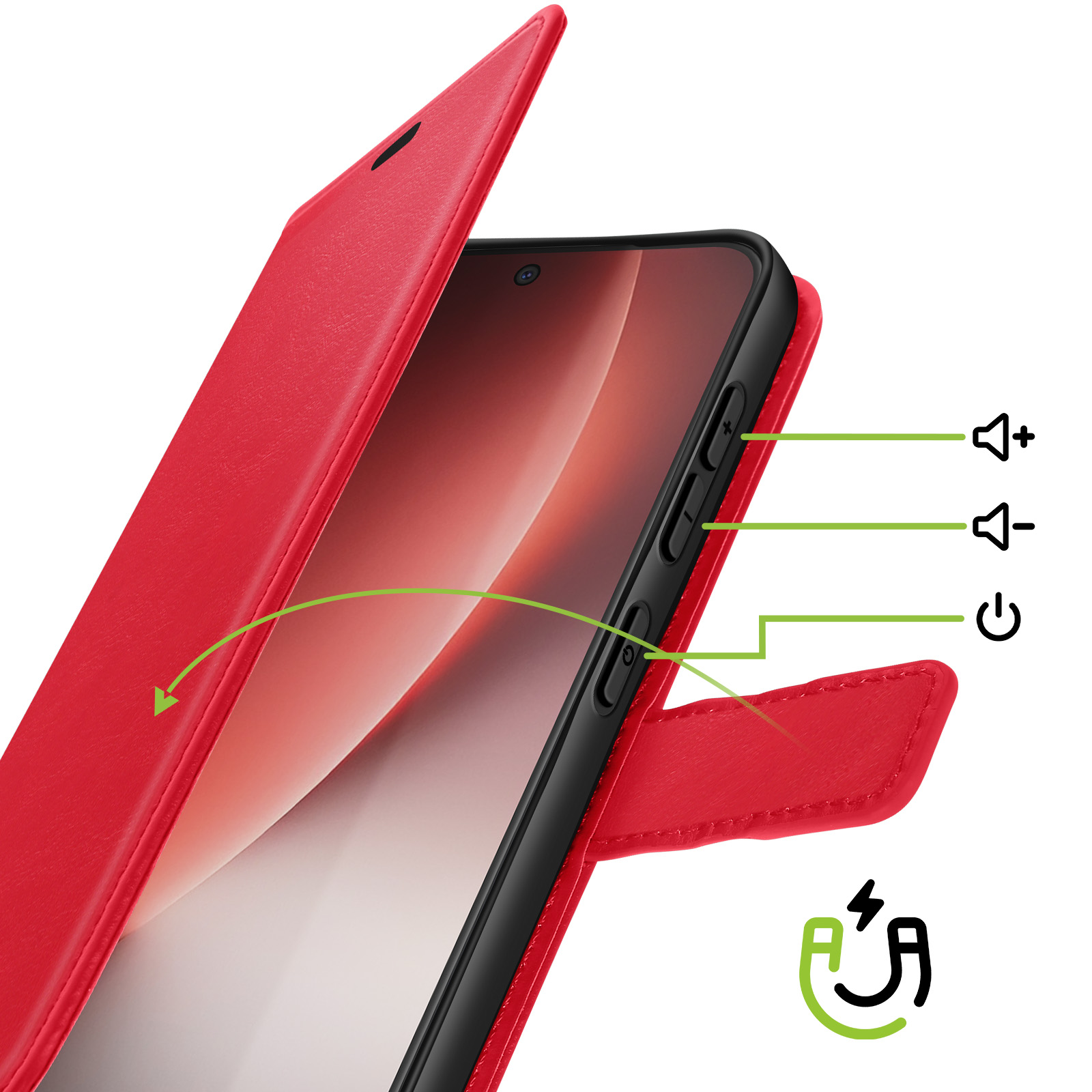 Rote Handyhülle mit Lautstärke-, Ein-/Aus-Tasten und Magnetverschluss-Symbol.