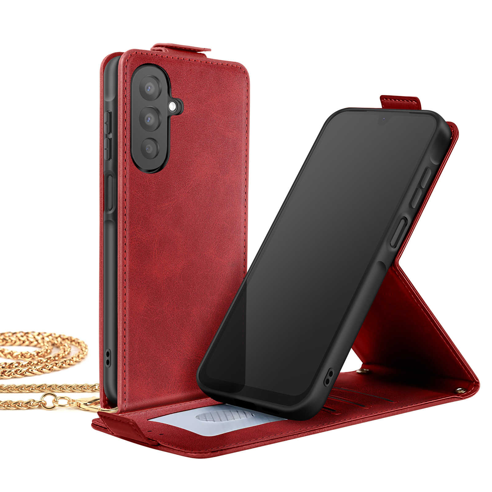 Rote Handyhülle mit Kette, zeigt ein Smartphone im geöffneten Zustand.