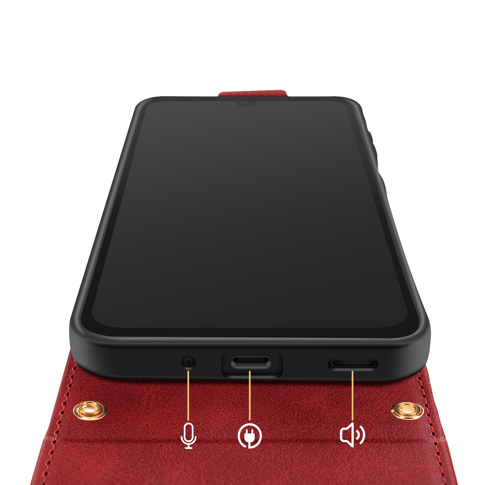 Ein Smartphone in einer roten Hülle mit hervorgehobenen Anschlüssen und Symbolen.