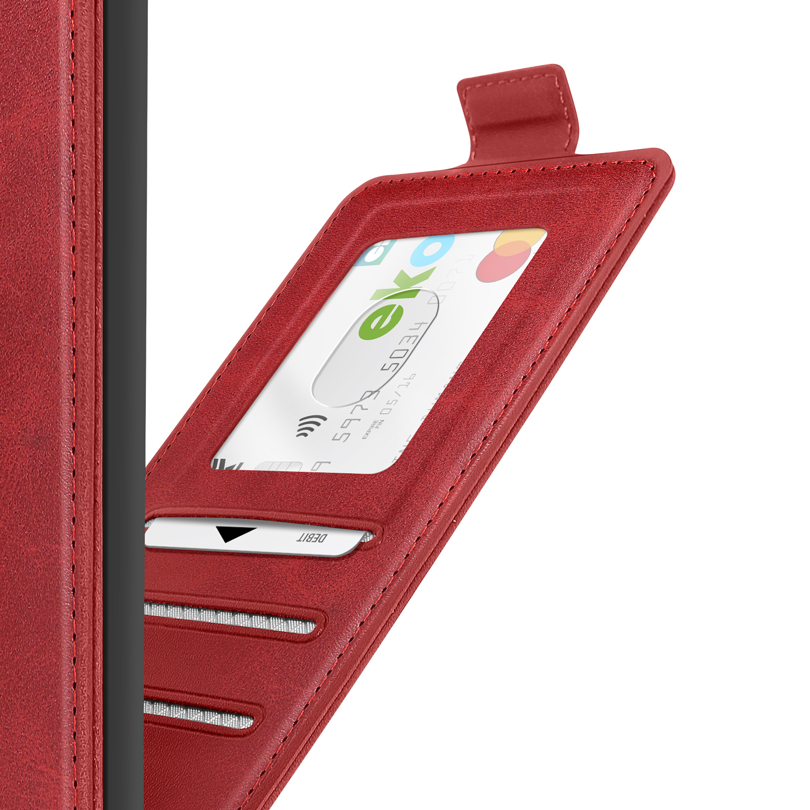 Rotes Lederetui mit Kartenfächern und einer durchsichtigen Fenstertasche.