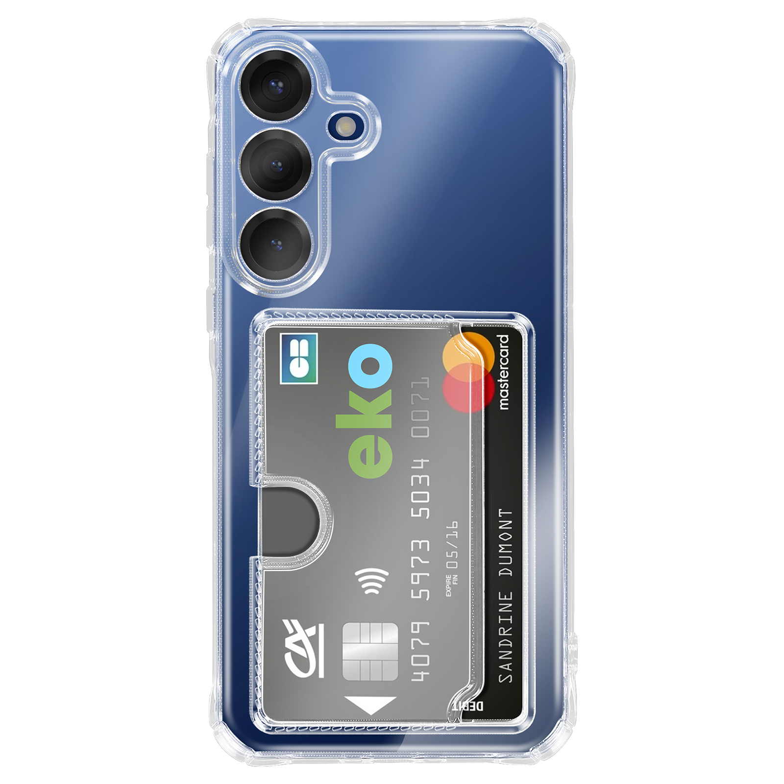 Telefoonhoesje met drie camera's en kaarthouder met creditcard.