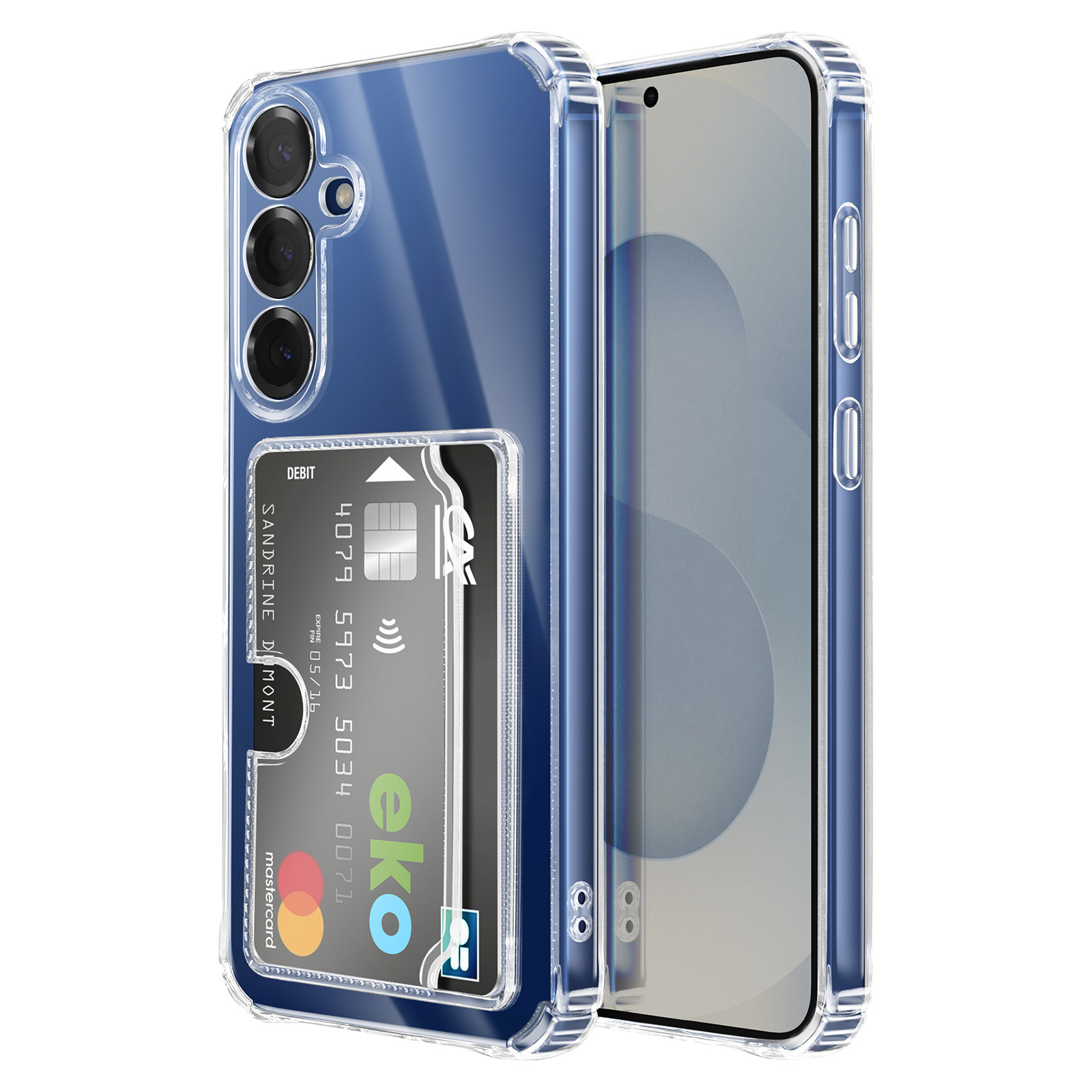 Doorzichtige telefoonhoes met kaarthouder en blauwe telefoon