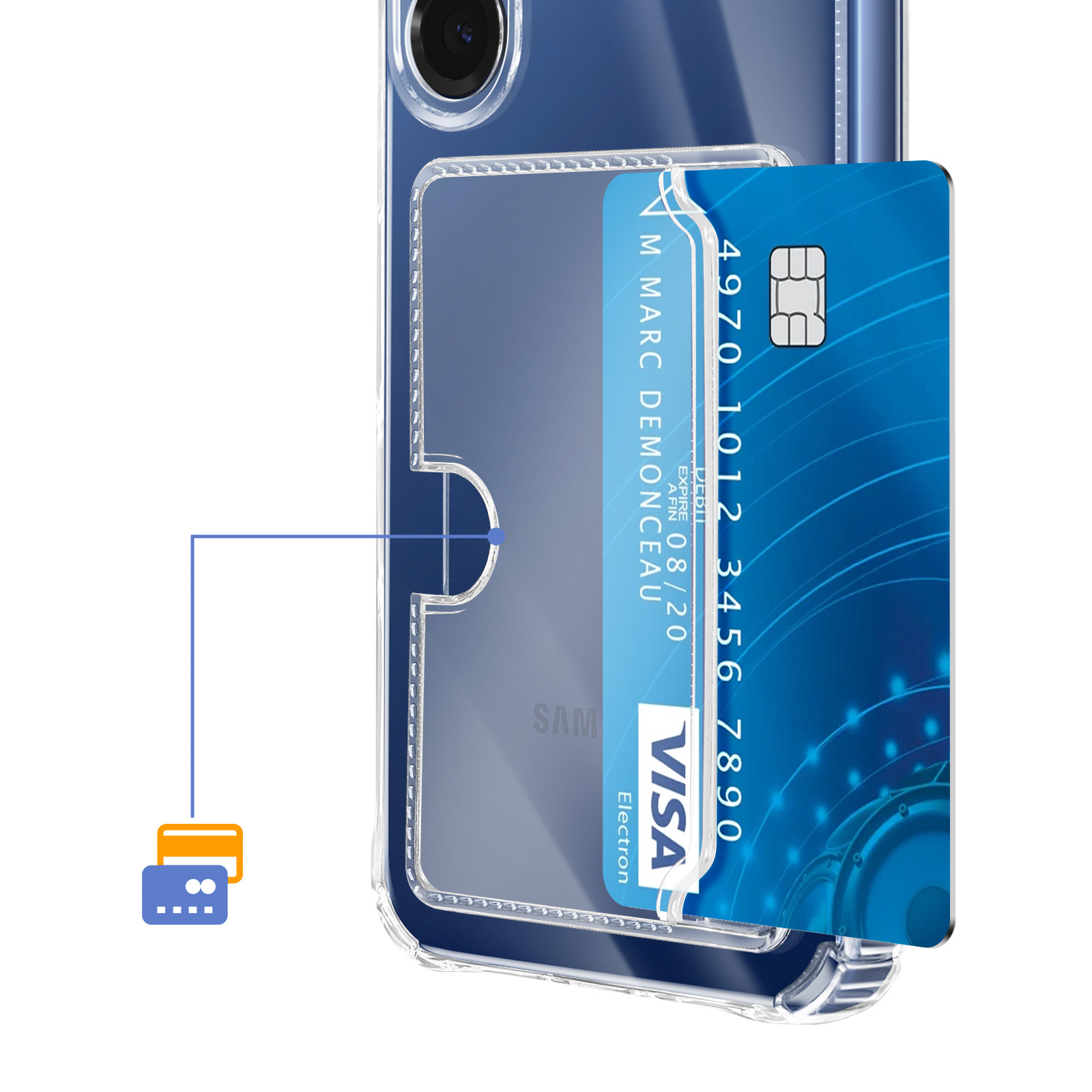 Een blauwe Visa-kaart zit in een transparante telefoonhoes.