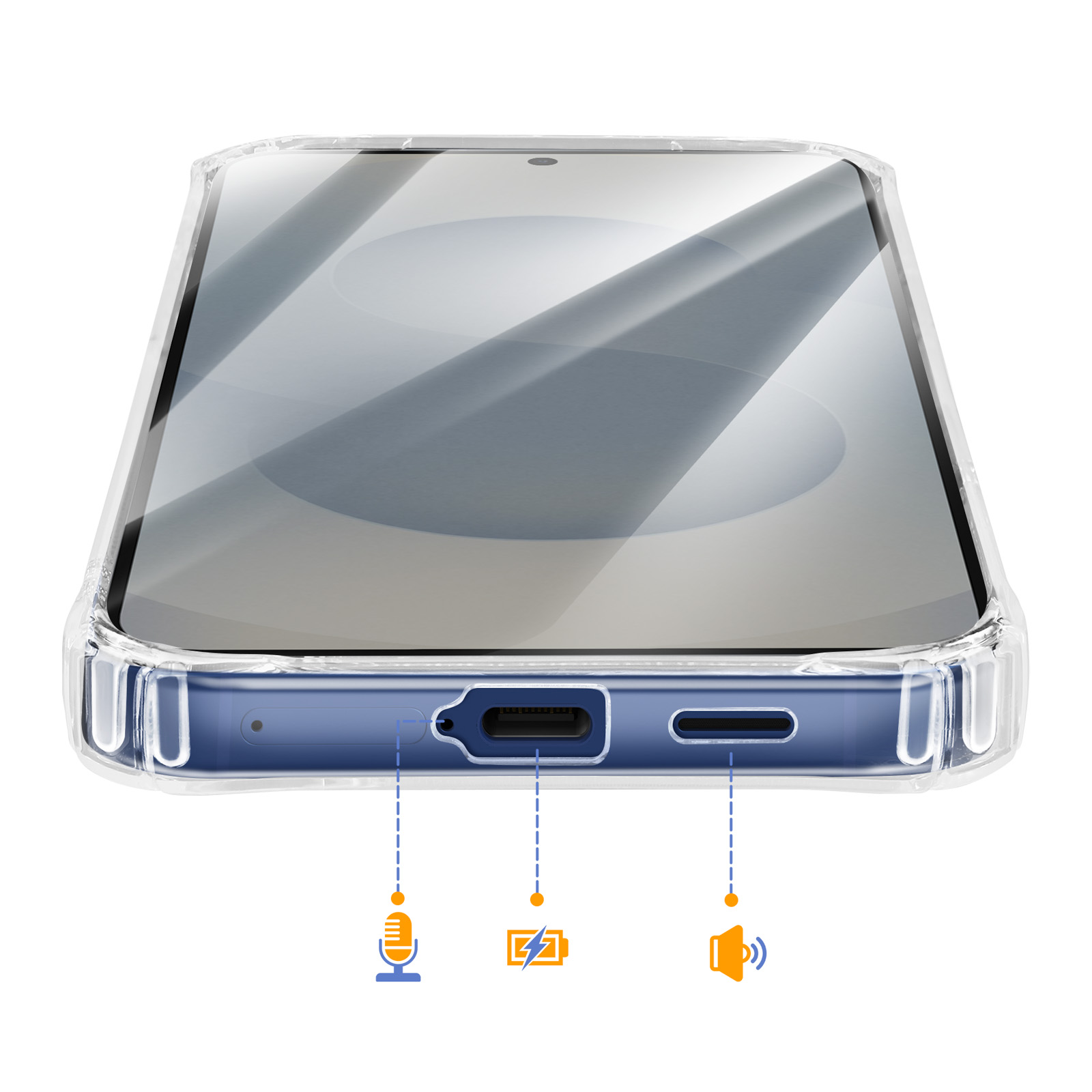 Een doorzichtige telefoonhoes met poorten en pictogrammen voor microfoon, opladen en luidspreker.