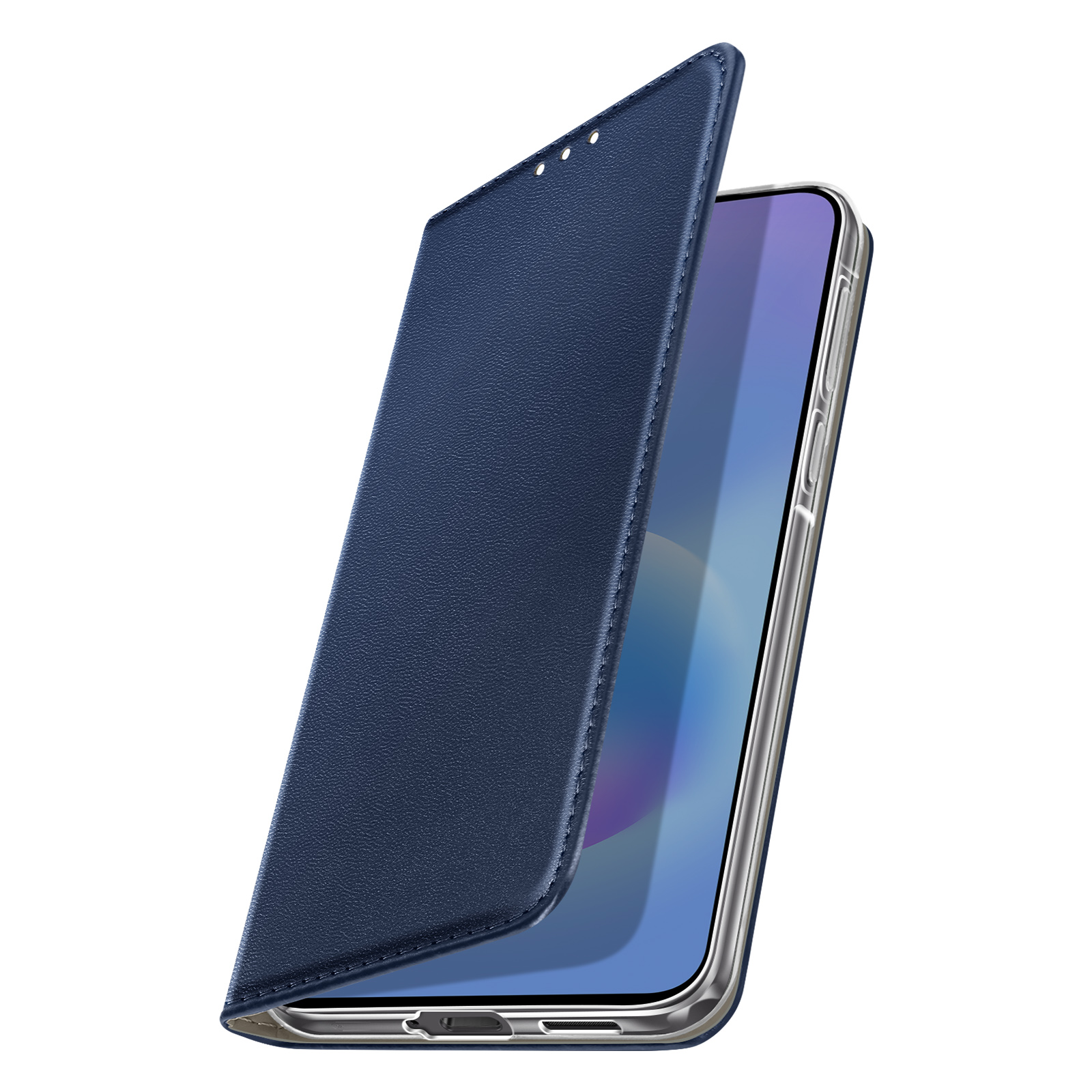 Donkerblauwe lederen telefoonhoes met open klep.