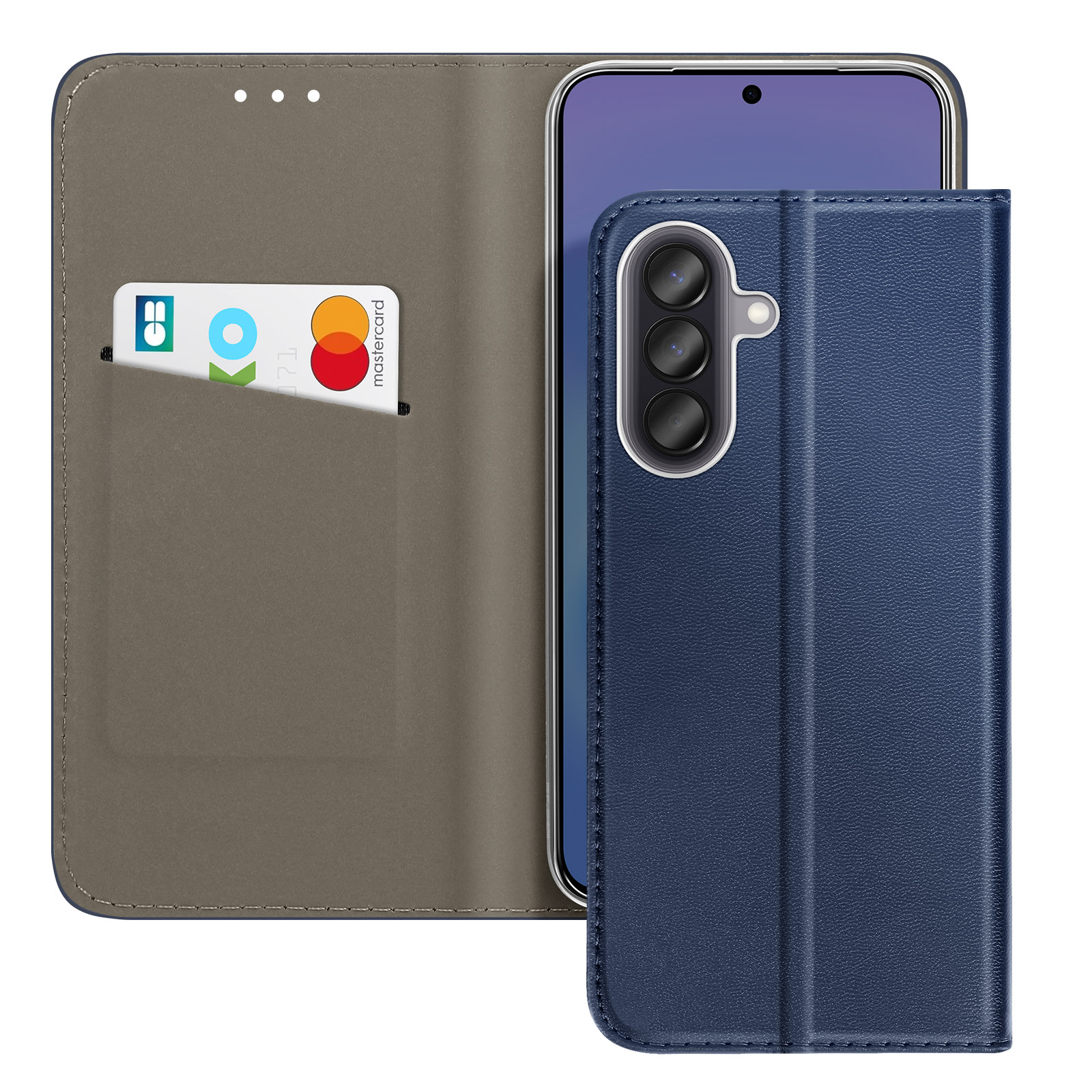 Blauw telefoonhoesje met kaarthouder en Mastercard.