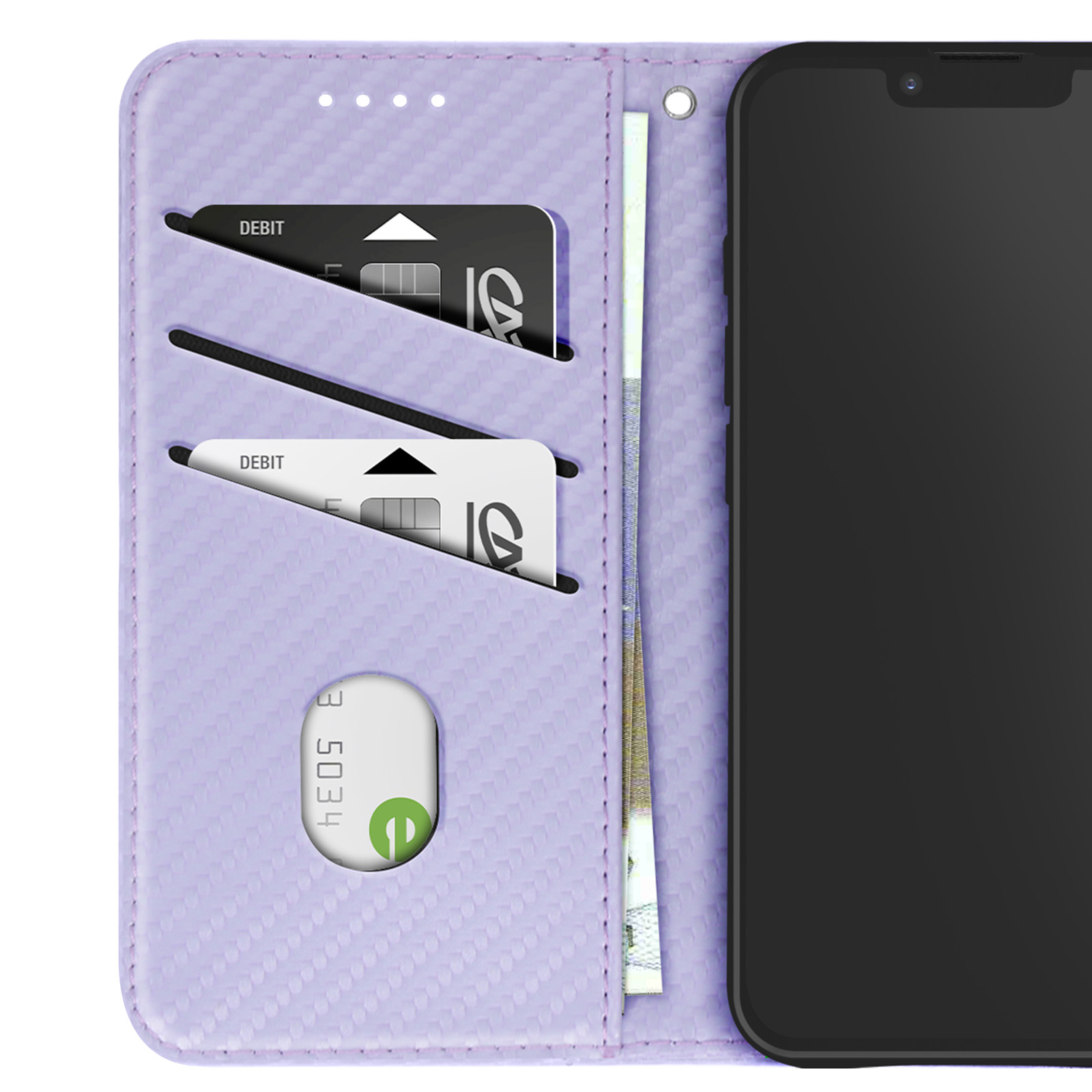 Lila Handyhülle mit Fächern für Karten und Geldscheine neben einem Smartphone.