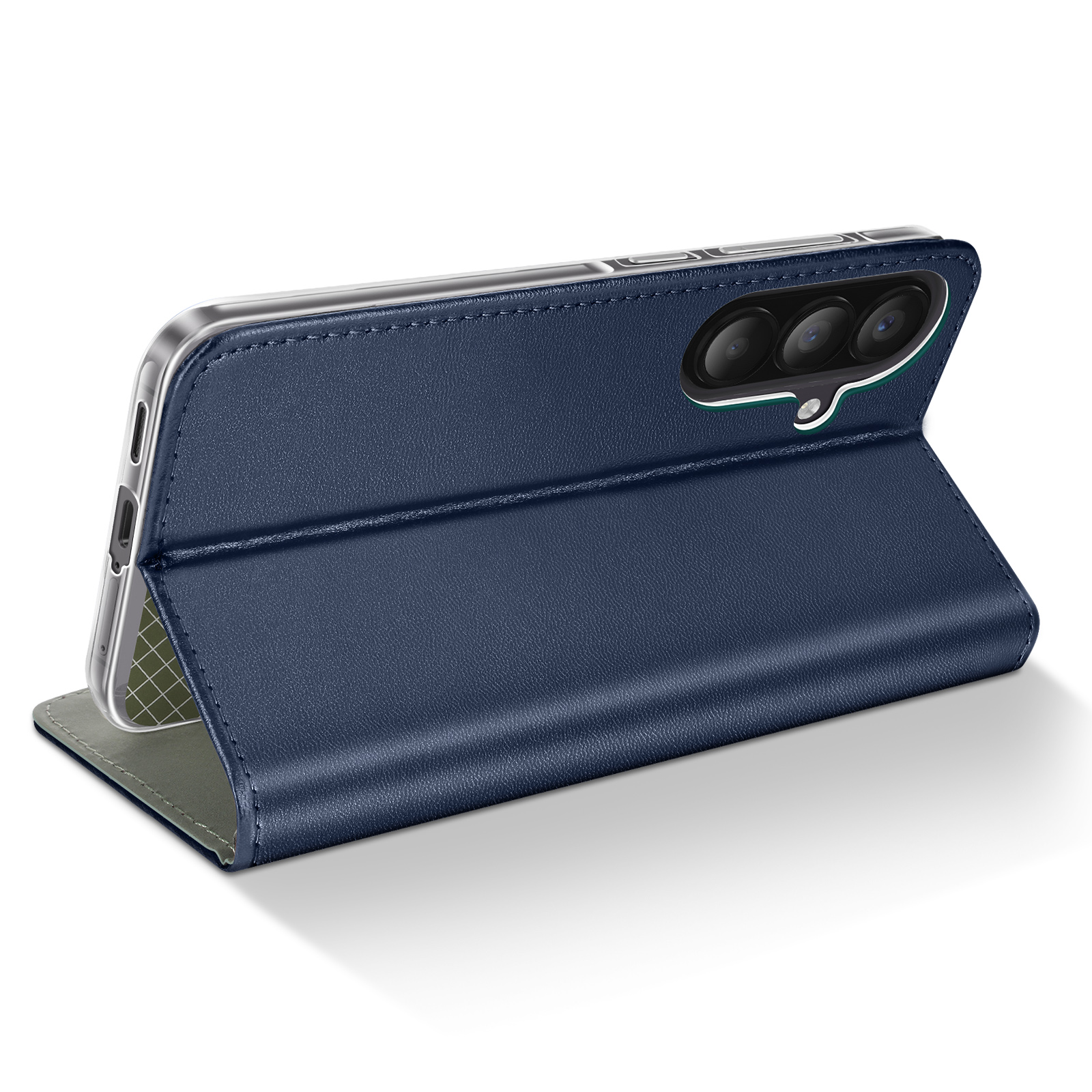 Een donkerblauwe flip telefoonhoes met drie camera lenzen aan de achterkant.