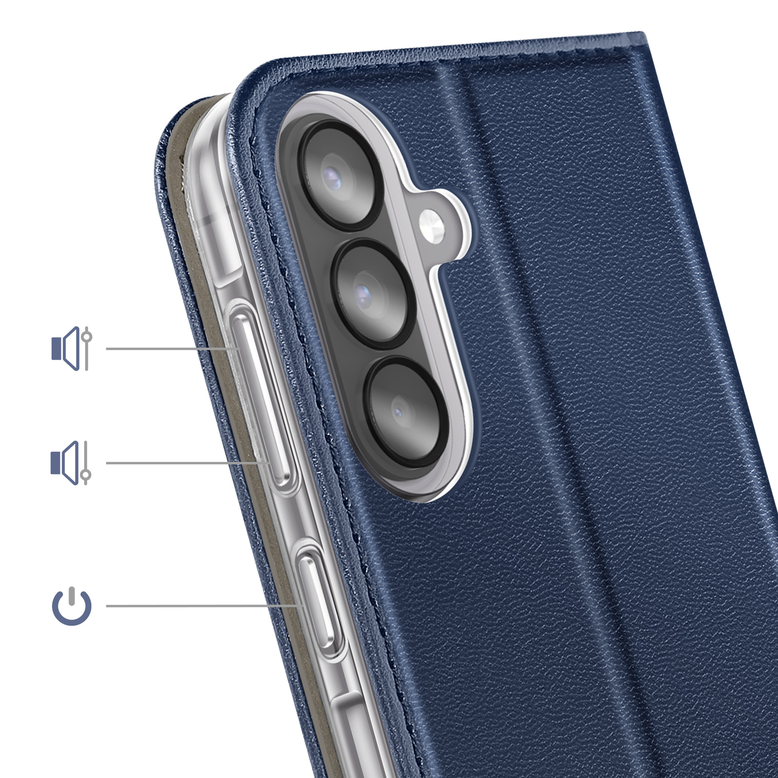 Blauw telefoonhoesje met cameralens en volume-/aan/uitknoppen.