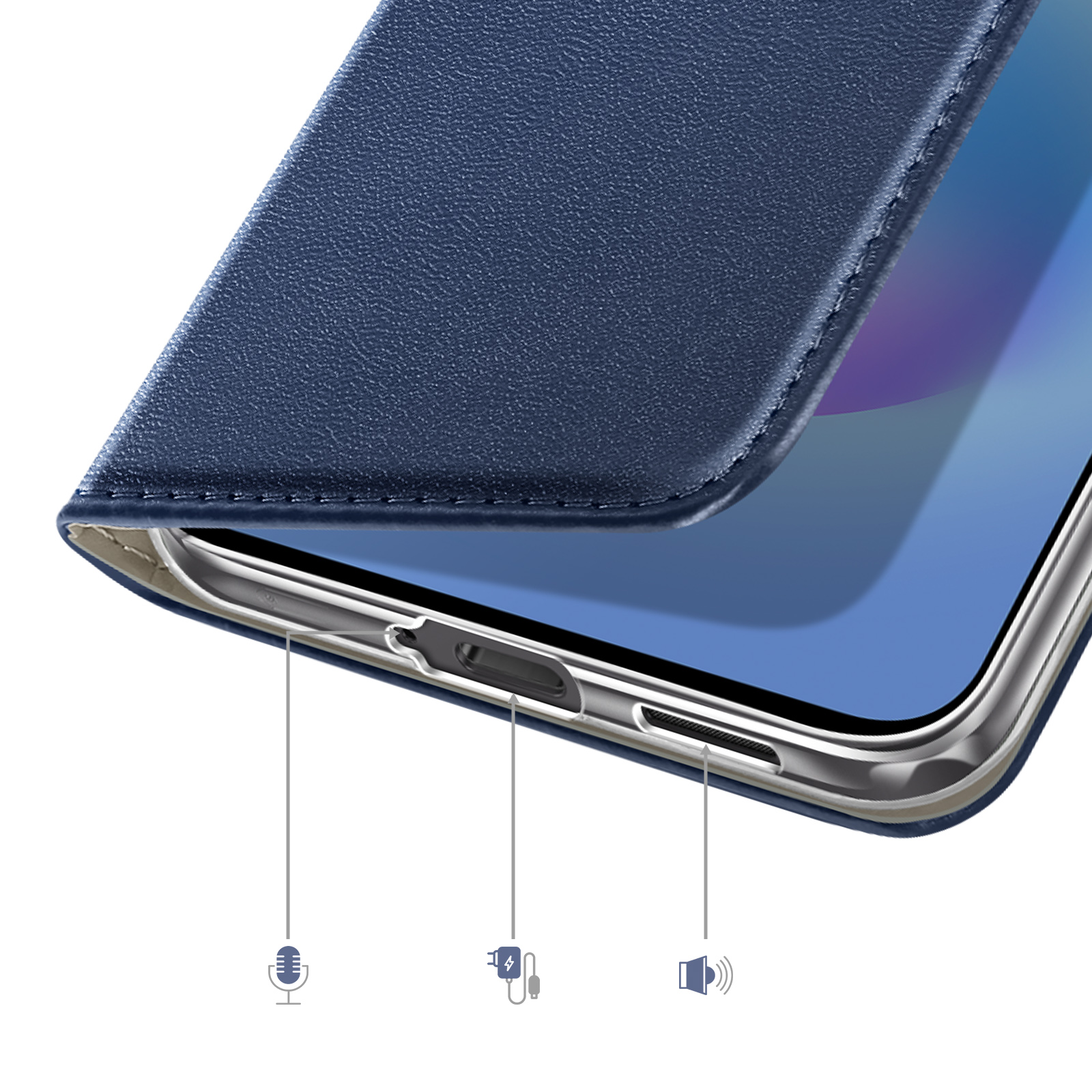 Blauw telefoonhoesje met poorten, microfoon-, laad- en luidsprekerpictogrammen.