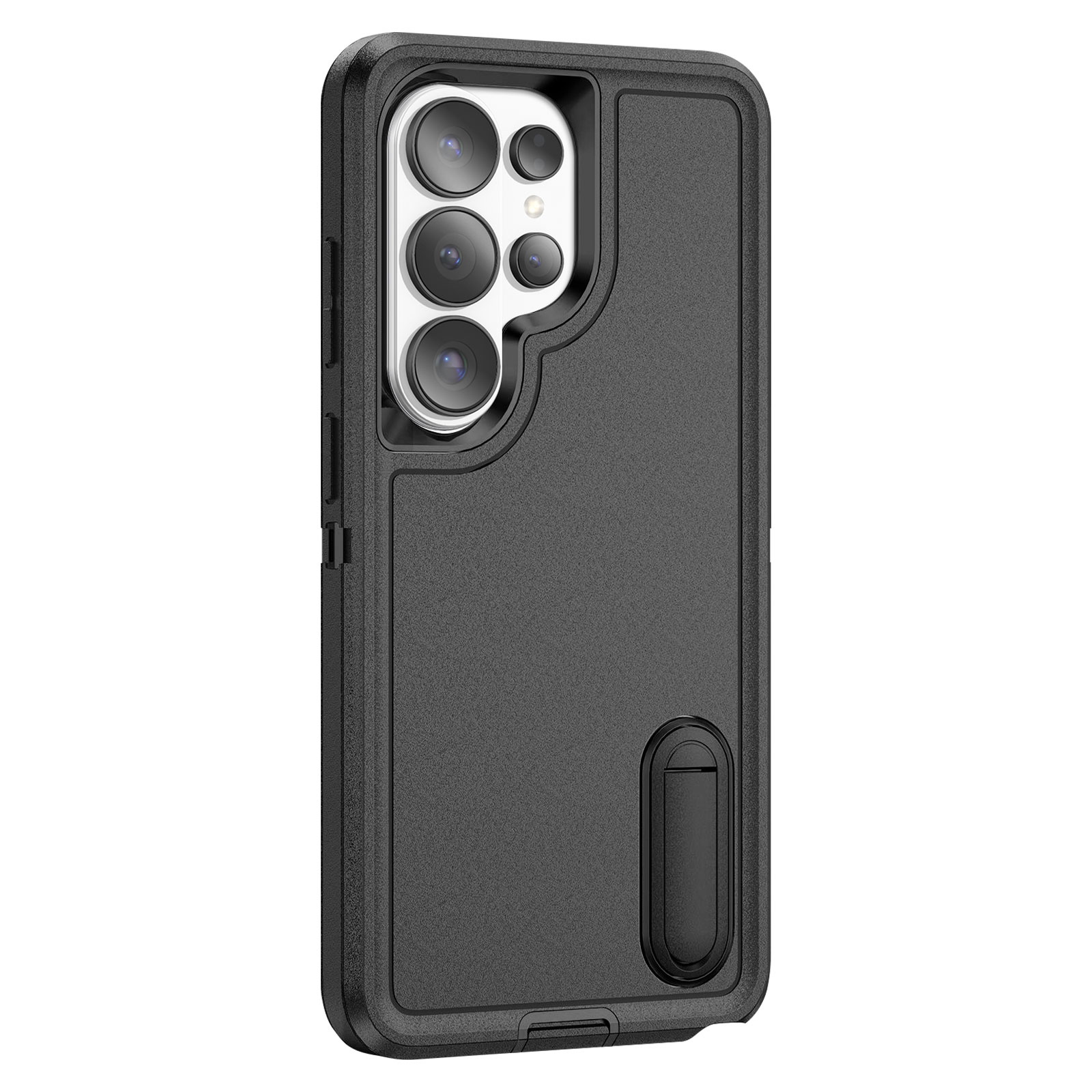 Zwarte telefoonhoes met ingebouwde standaard en grote cameralens-array.