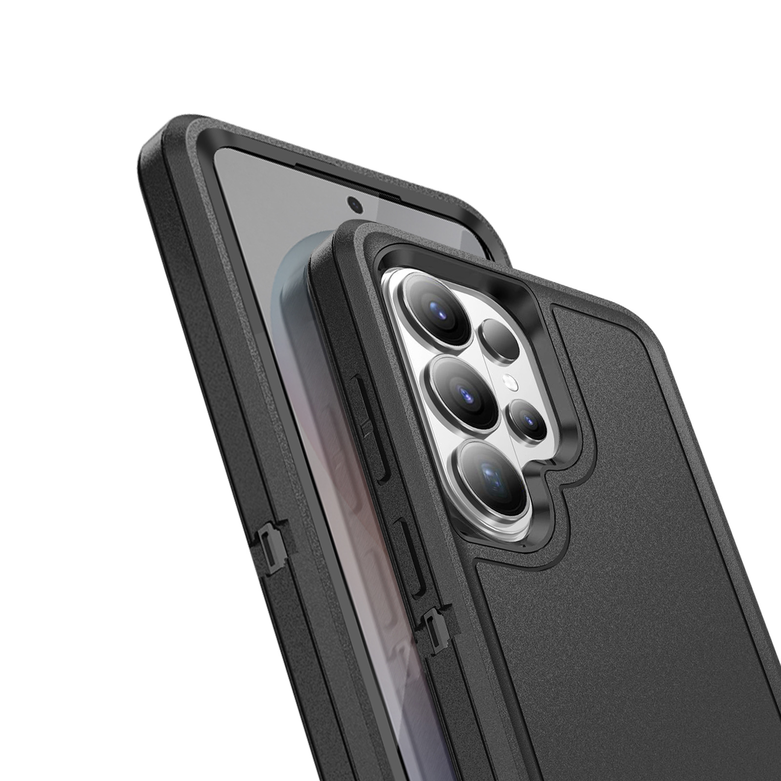 Zwarte telefoonhoes met vierlenzen cameraplatform.