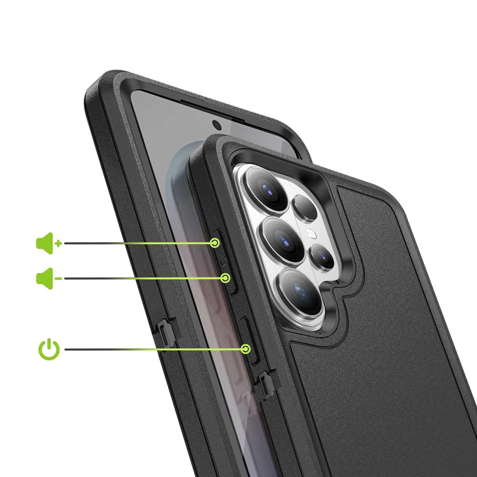 Zwarte telefoonhoes op een smartphone met volume- en aan/uit-pictogrammen.