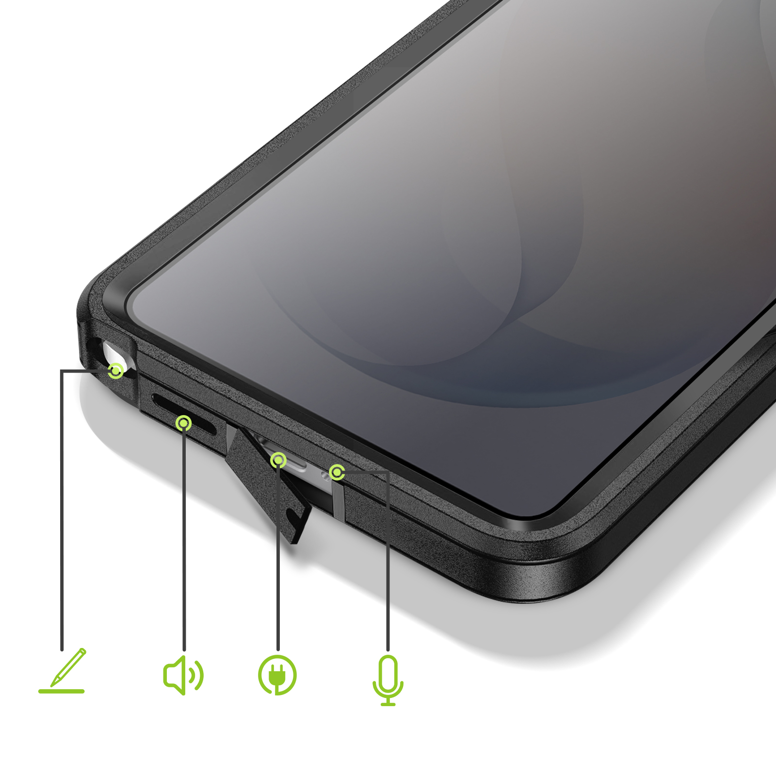 Zwarte telefoonhoes met poorten voor stylus, volume, opladen en microfoon.
