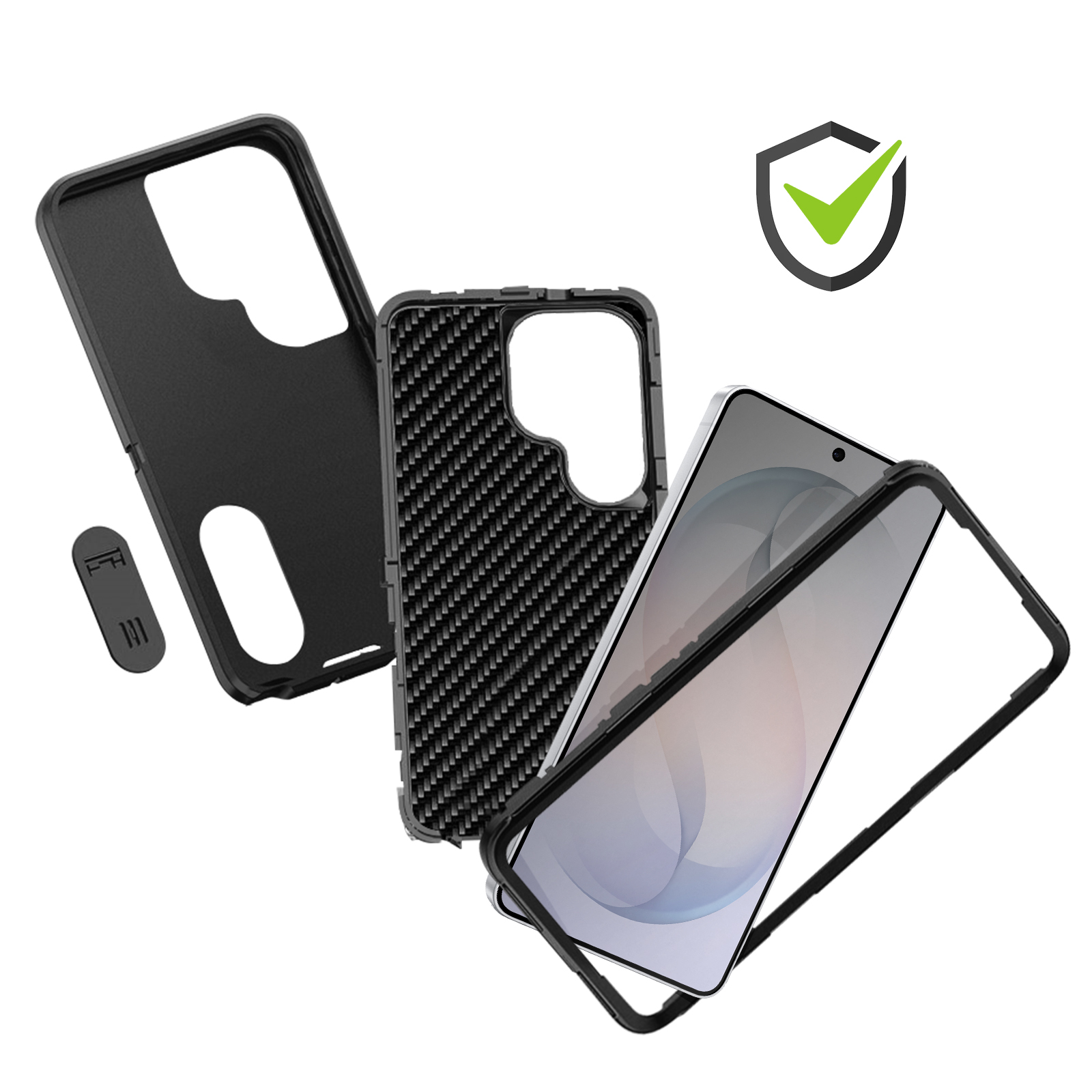 Zwarte telefoonhoes set met standaard en beschermingszegel.