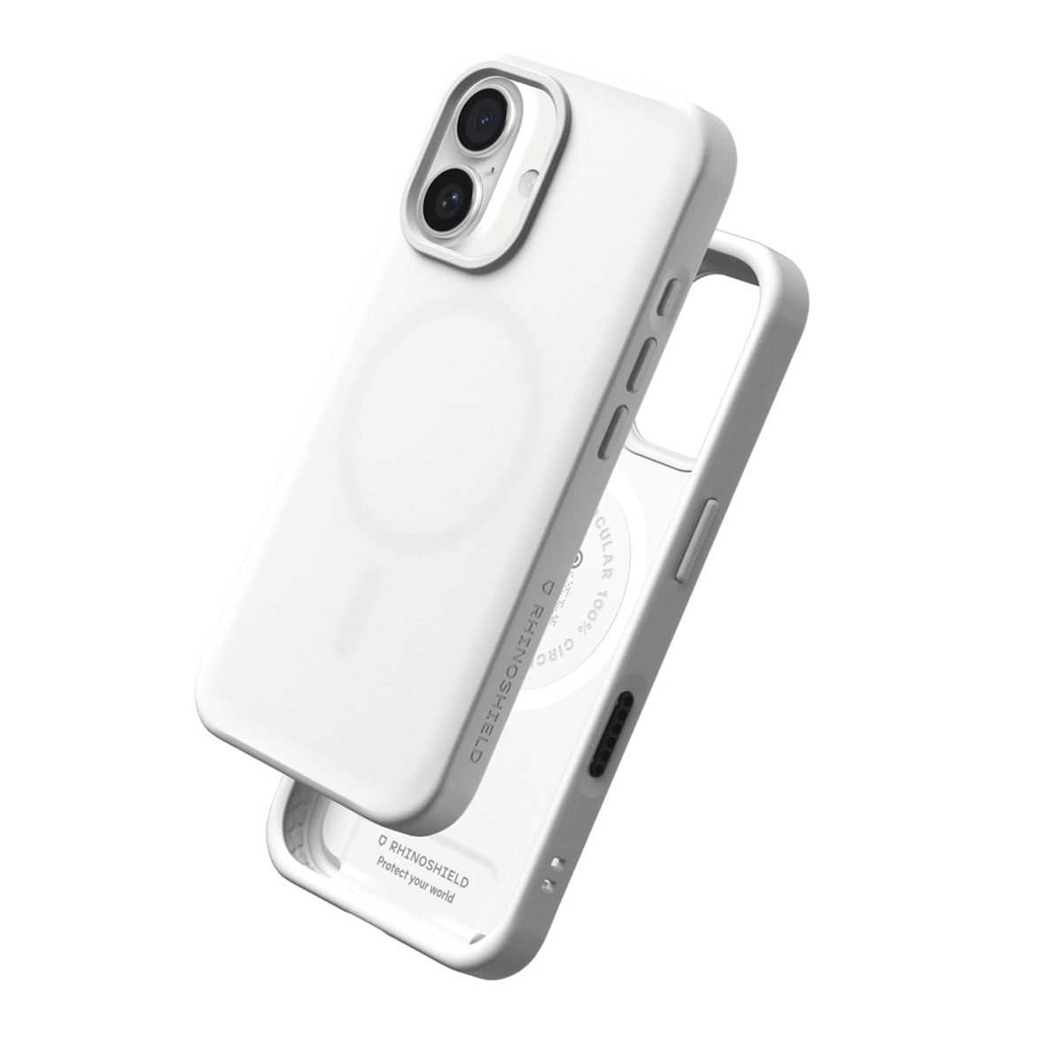 Twee witte telefoonhoesjes, de ene boven de andere, met cameramodules.