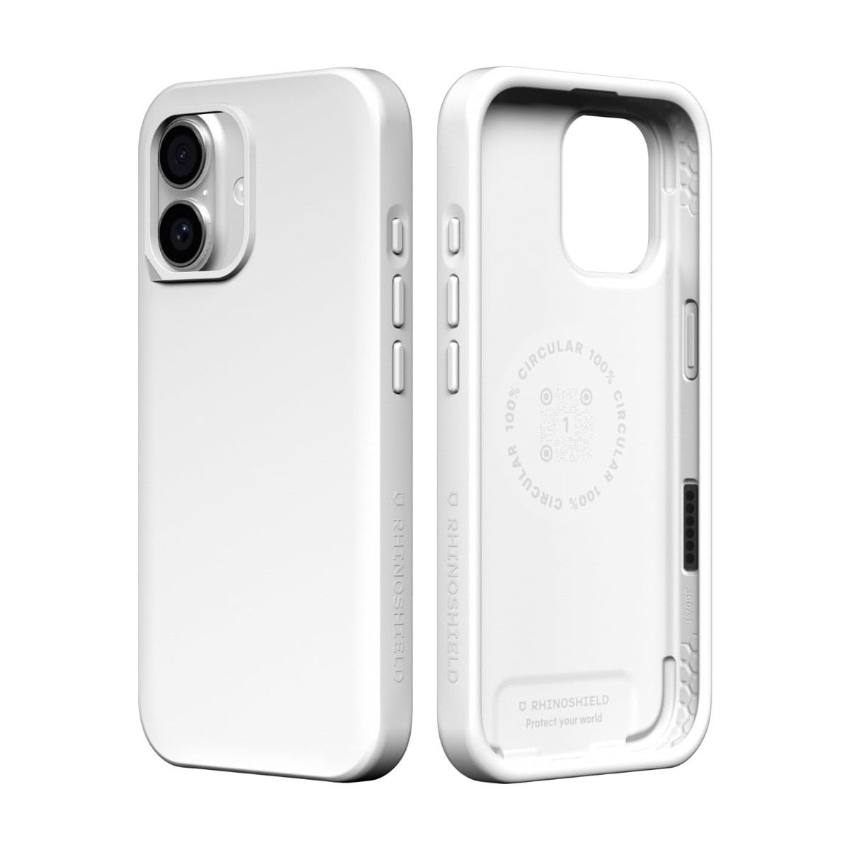 Twee witte iPhone-hoesjes naast elkaar. Eén toont de achterkant met camera's, de andere de binnenkant.